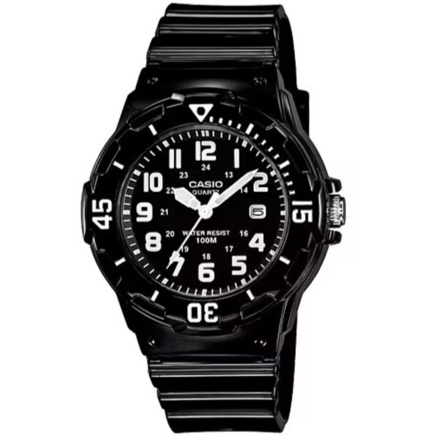 LRW200H-1B Casio 100 Metres Watch. Simple and compact, these dive inspired ladies and childrens 3-hand analog timepieces feature 100 metres water resistance, a bi-directional rotating bezel and date display. A gloss black resin band analog watch with whit