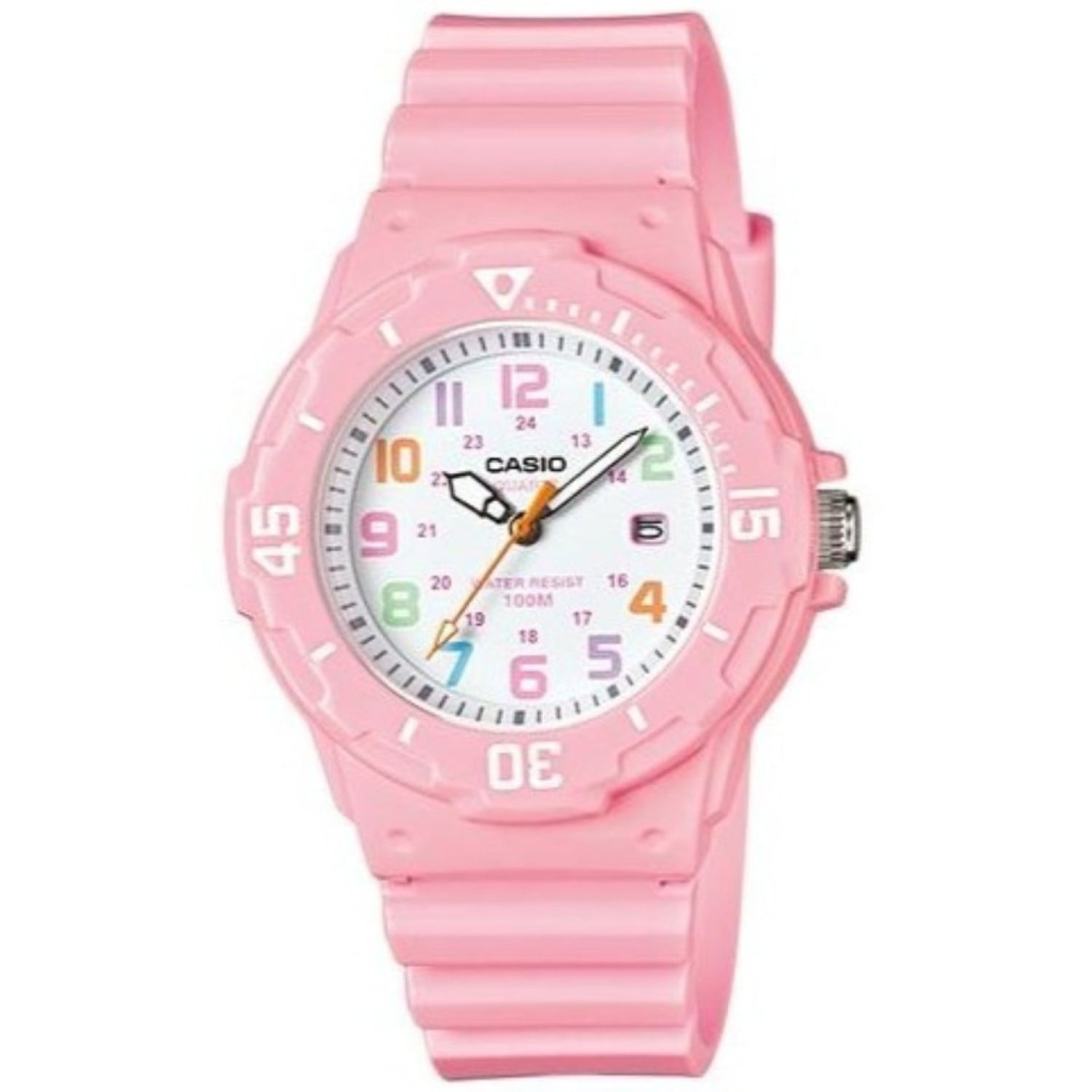 LRW200H-4B2 Casio 100 Metres Watch. Simple and compact, these dive inspired ladies and girls 3-hand analog timepieces feature 100 metres water resistance, a bi-directional rotating bezel and date display. A gloss pink resin band analog watch with mult col