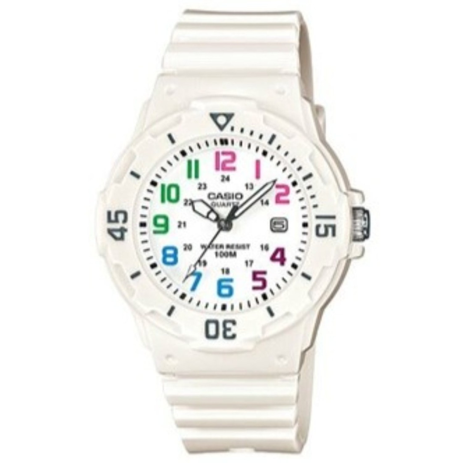LRW200H-7B Casio 100 Metres Watch. Simple and compact, these dive inspired ladies and childs 3-hand analog timepieces feature 100 metres water resistance, a bi-directional rotating bezel and date display. A gloss white resin band analog watch with mult c 