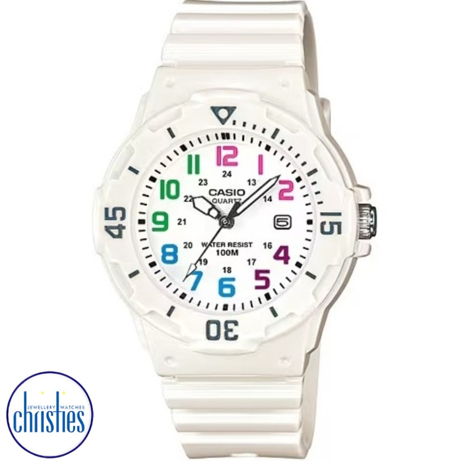 LRW200H-7B Casio 100 Metres Watch. Simple and compact, these dive inspired ladies and childs 3-hand analog timepieces feature 100 metres water resistance, a bi-directional rotating bezel and date display. A gloss white resin band analog watch with mult c 
