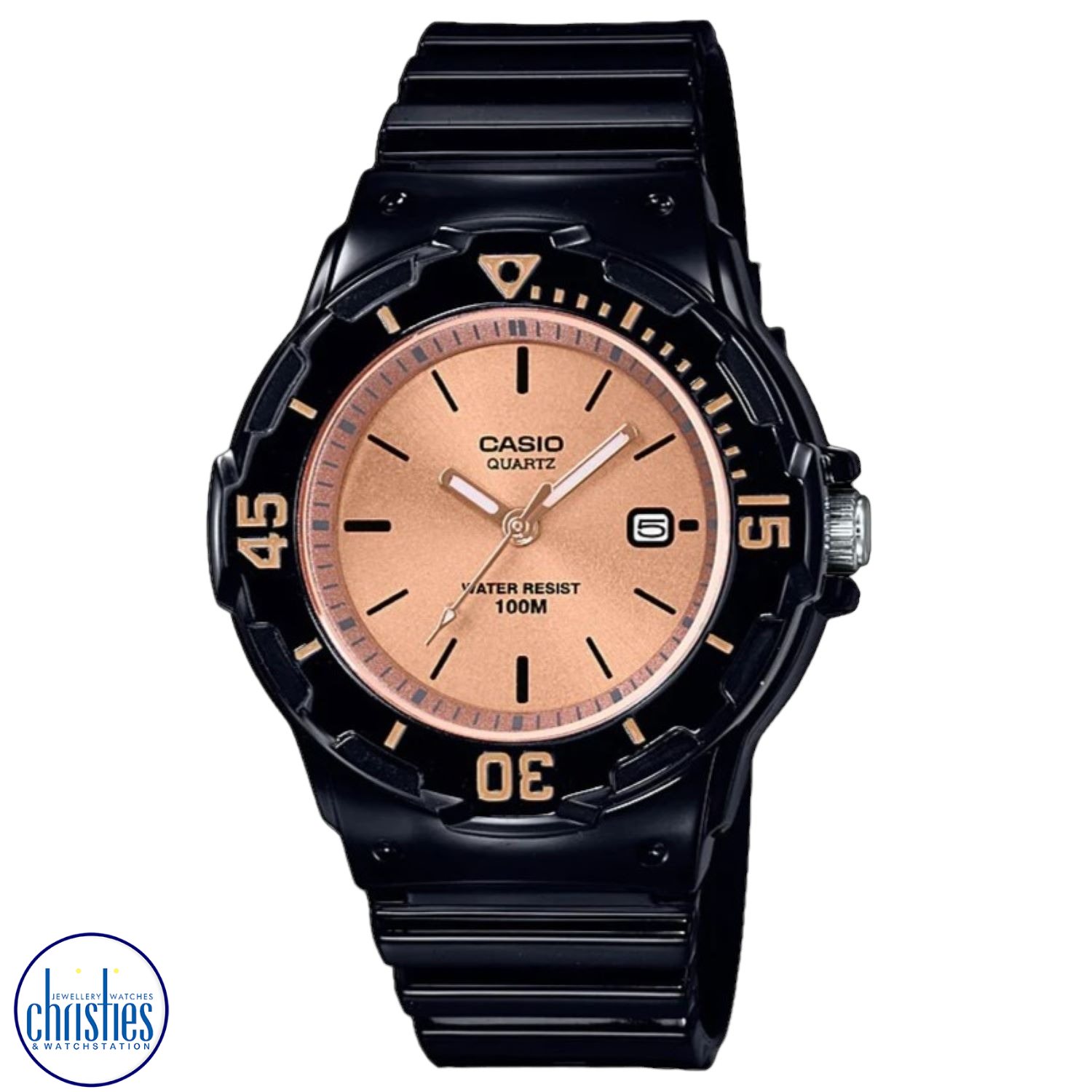 LRW200H-9E2 Casio 100 Metres Watch. Simple and compact, these dive inspired ladies and childs 3-hand analog timepieces feature 100 metres water resistance, a bi-directional rotating bezel and date display. A gloss white resin band analog watch with mult c