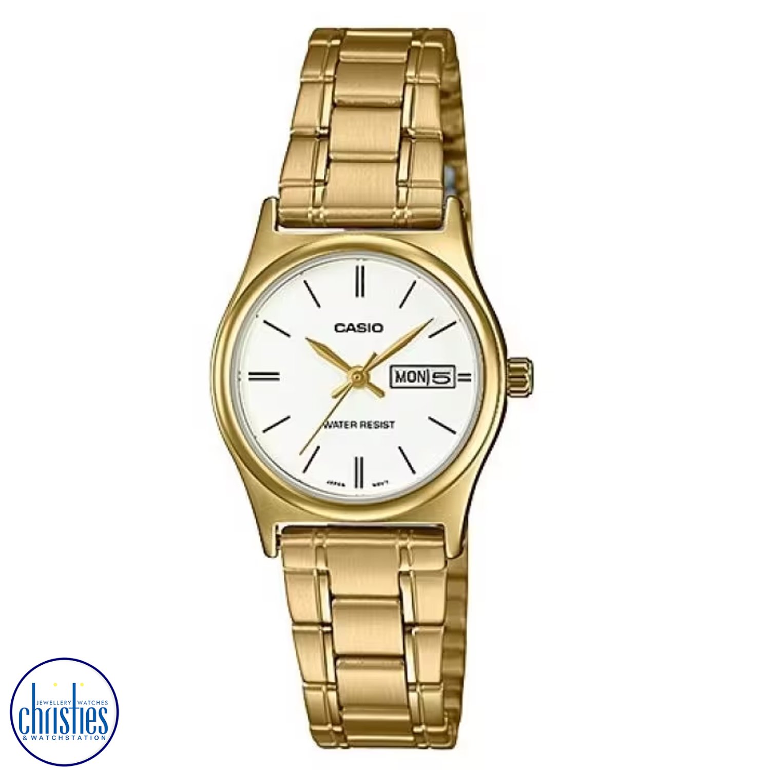 LTPV006G-7B Casio Ladies Stainless Steel Watch. From Casio an analogue stainless steel IP Gold plated watch with clear easy to read dial with Day Dayeand water resistant.