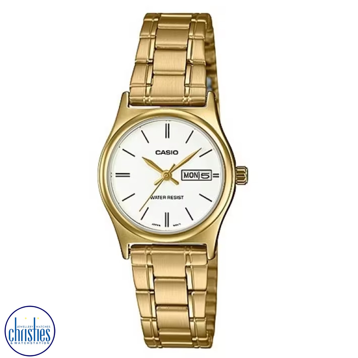 Christies Jewellery - LTPV006G-7B Casio Ladies Stainless Steel Watch LTPV006G-7B Casio Ladies Stainless Steel Watch. From Casio an analogue stainless steel IP Gold plated watch with clear easy to read dial with Day Dayeand water resistant.