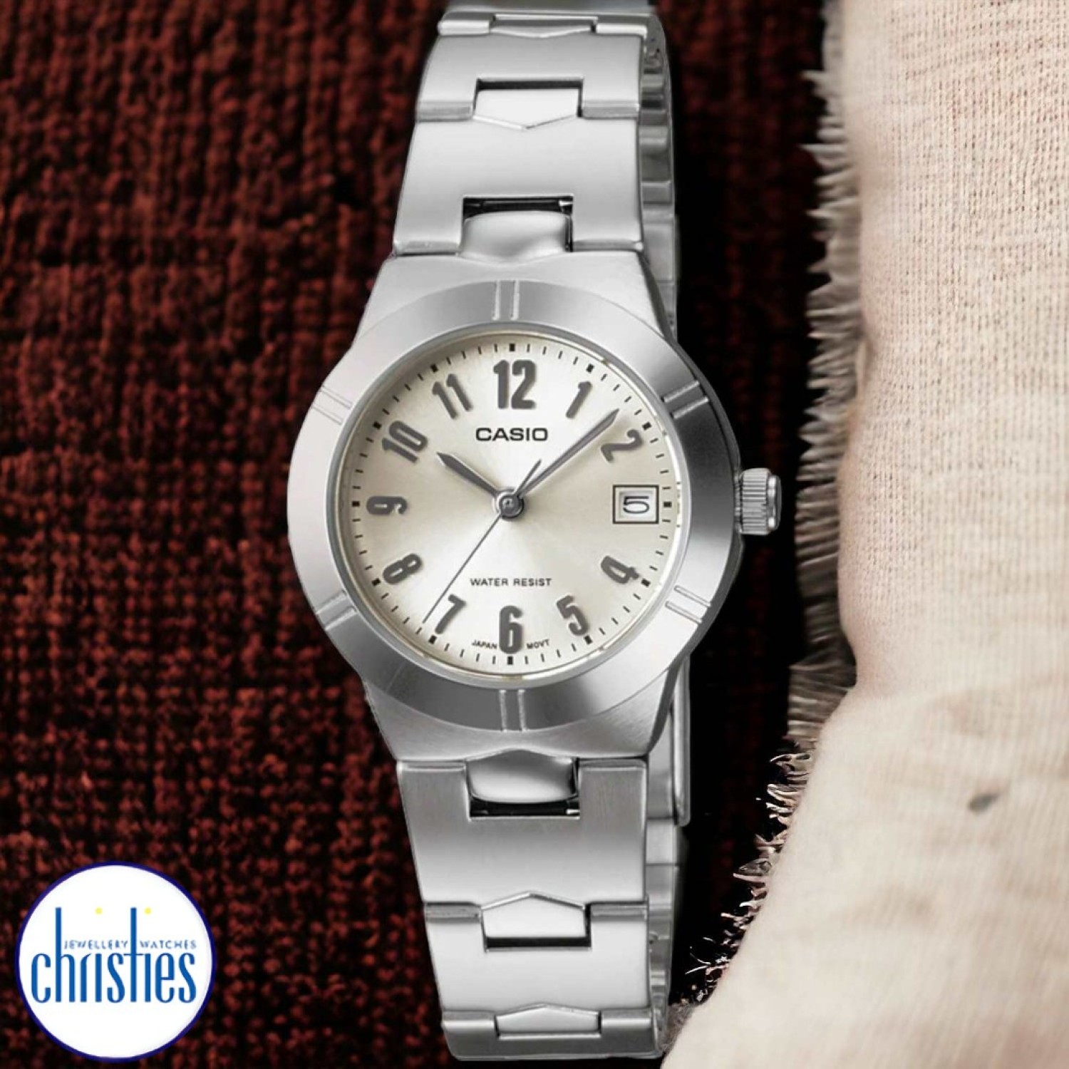 LTP1241D-7A  Casio. The LTP-1241 models feature bright pastel colours for the face and a date indicator. This watch has a solid construction with a Stainless Steel  Bracelet and is water resistant. 3 Months No Payments and Interes @christies.online