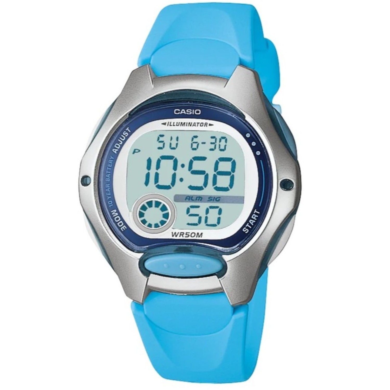 LW200-2B Casio 50 Metres Childrens Watch. Casio’s Illuminator digital watch for women or children is a sleek and sporty timepiece featuring a Light Blue  plastic resin band, a metallic resin case and a large digital time display with stopwatch and day and