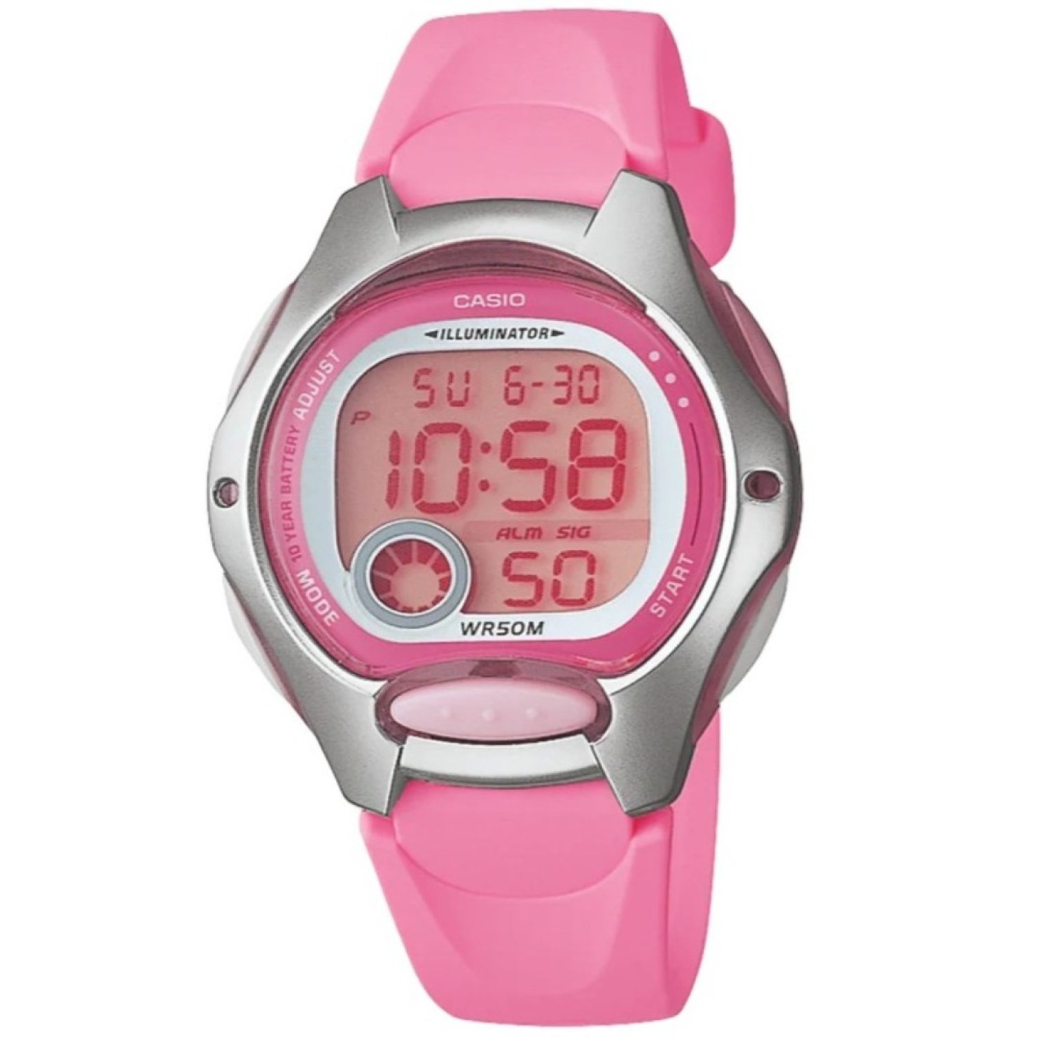 LW200-4B Casio Dual Time Alarm Watch. Casio’s LW200 Illuminator digital watch for women or children is a sleek and sporty timepiece featuring a pink plastic resin band, a metallic resin case and a large digital time display with stopwatch and day and date