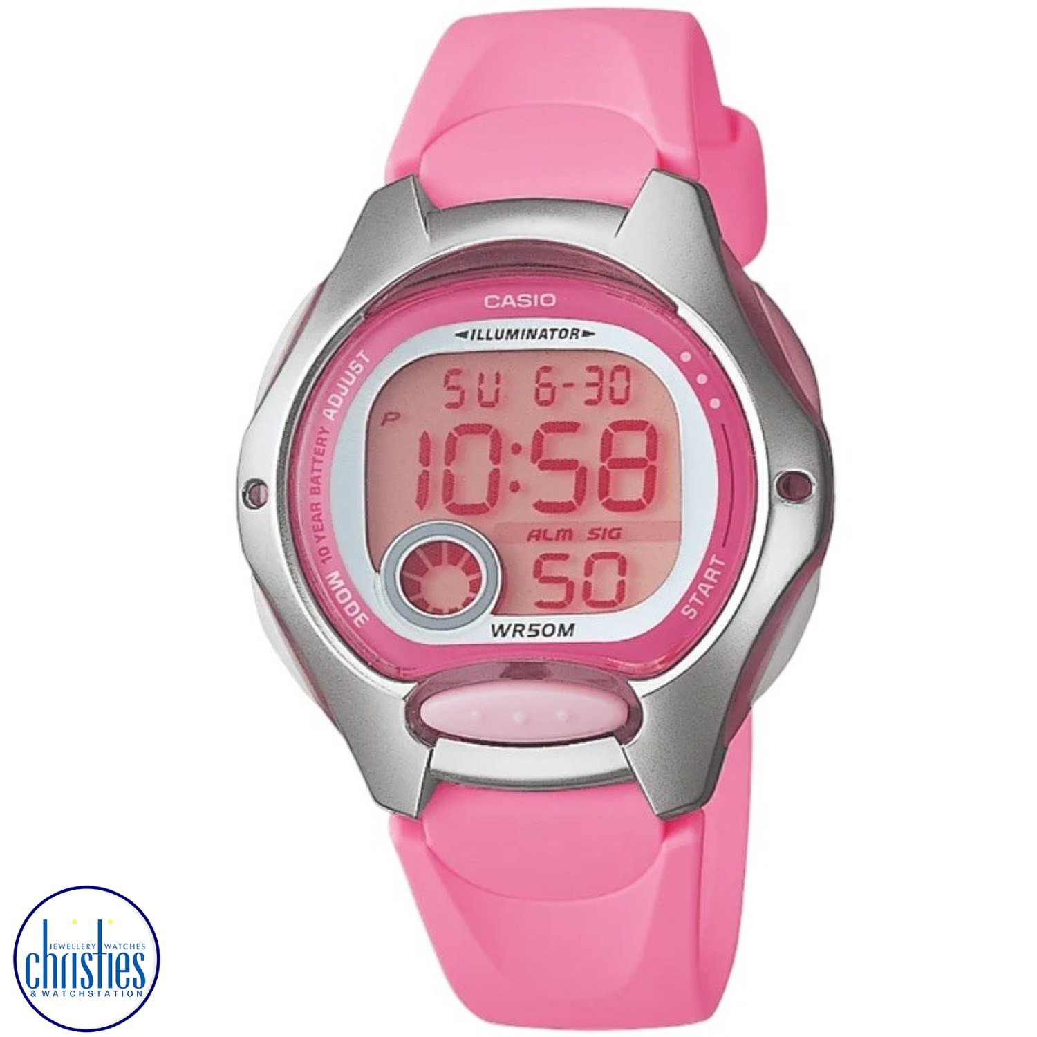 LW200-4B Casio Dual Time Alarm Watch. Casio’s LW200 Illuminator digital watch for women or children is a sleek and sporty timepiece featuring a pink plastic resin band, a metallic resin case and a large digital time display with stopwatch and day and date