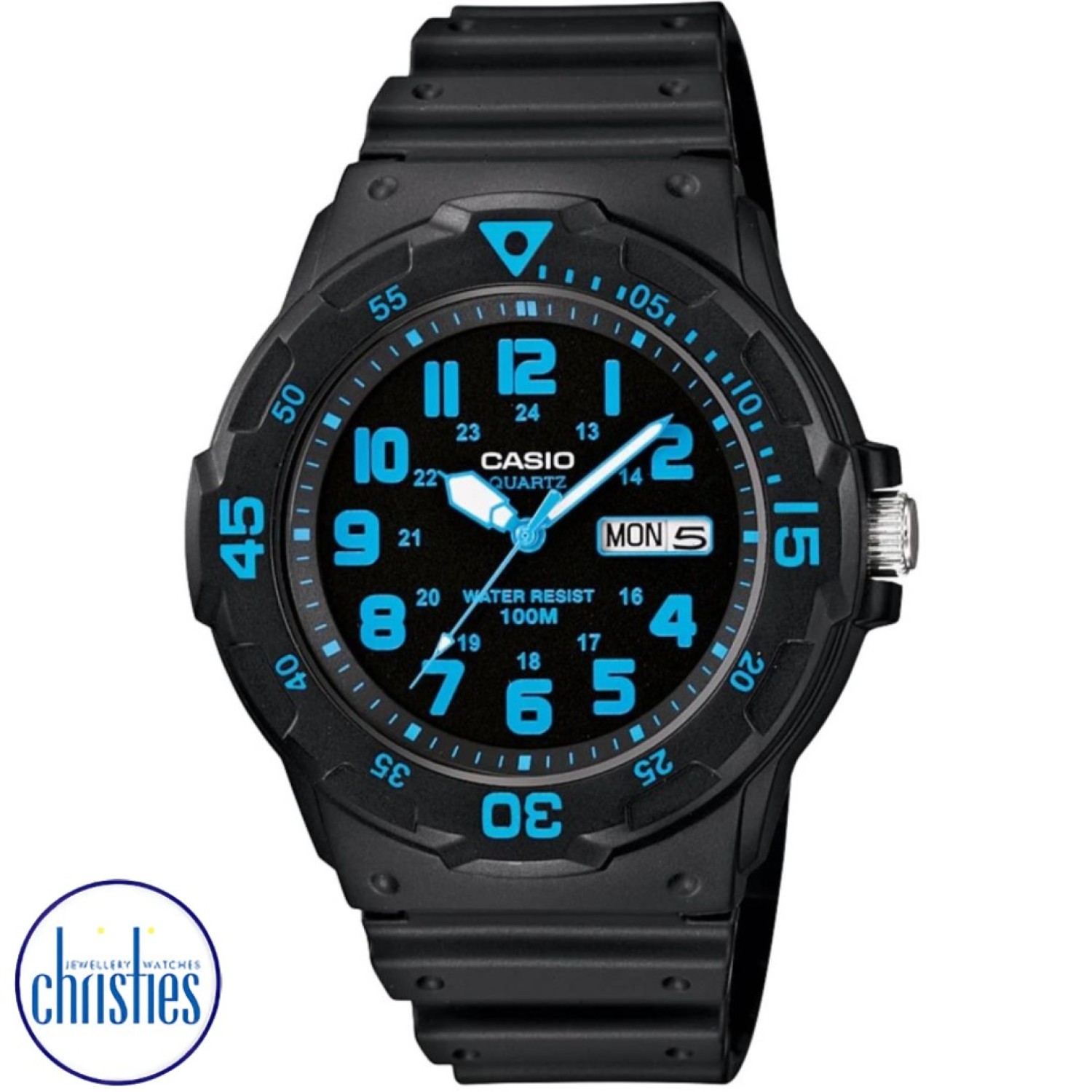 MRW200H-2B Casio Analogue 100 Metres Watch. If youre searching to buy  a classic diver-look watch, look no further than the MRW200 from Casio.  Its 44.6mm face and large indexes provide at-a-glance information. Couple this with a bi-directional rotating @