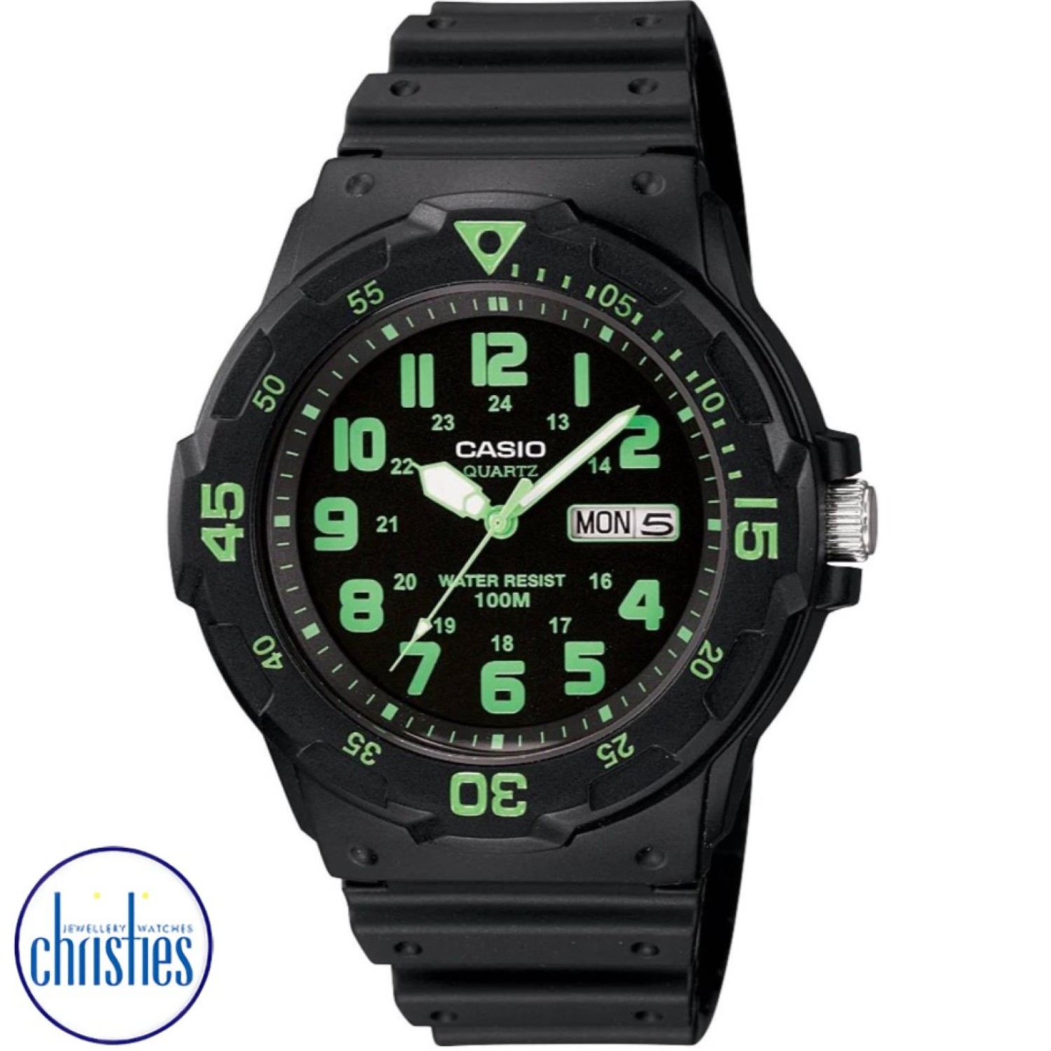 Casio MRW200H-3B Casio Watch - Christies Diamond Jeweller New Zealand MRW200H-3B Casio 100 Metres Watch. If youre searching to buy a classic diver-look watch, look no further than the MRW200 from Casio. Its 44.6mm face and large indexes provide at-a-glance information. Couple this with a bi-directional rotating @christies