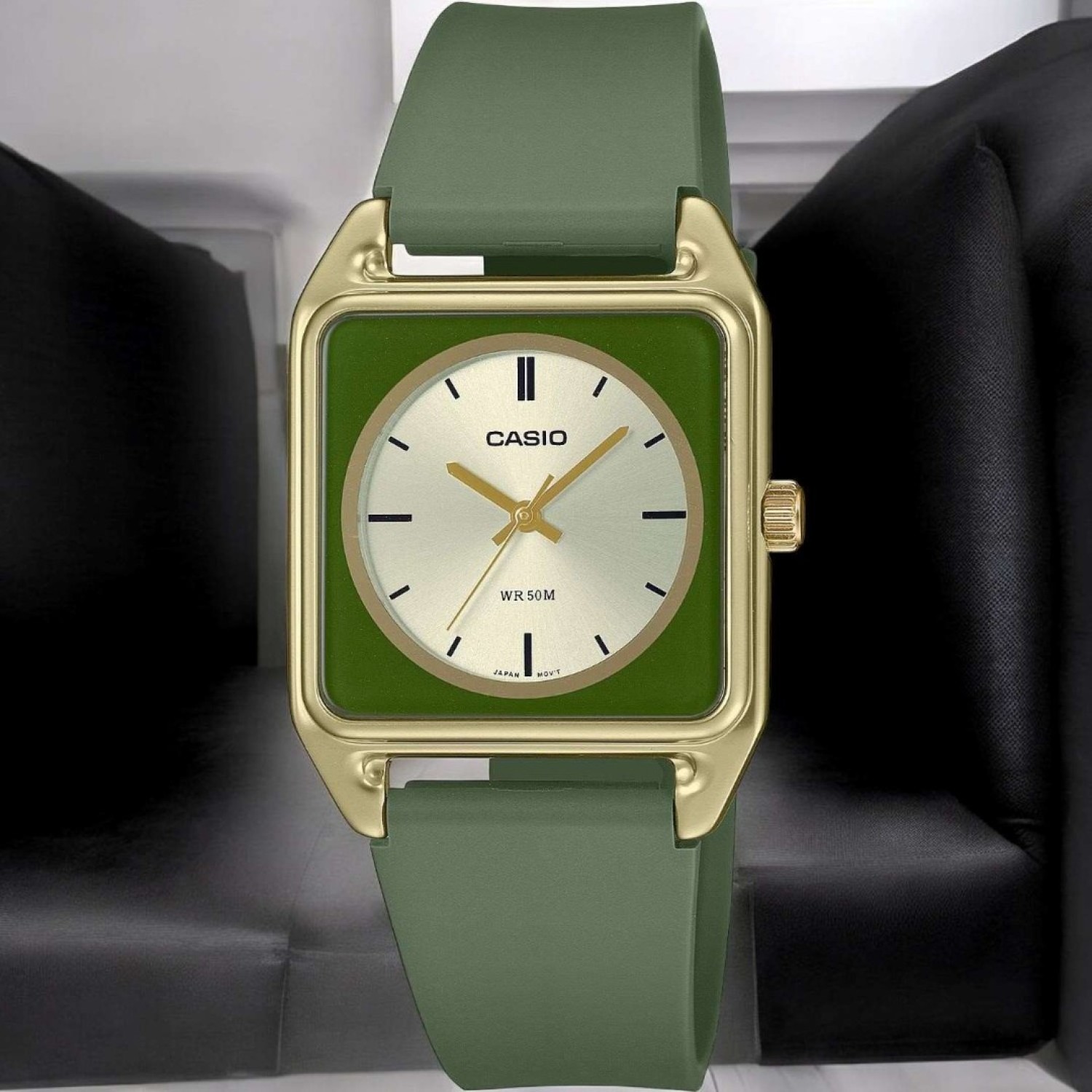 Christies Jewellery - MTPB170-3E Casio Ladies Square Watch Auckland NZ MTPB170-3E Casio Ladies Square Watch MTP-B170-3 with Gold colour casing, dial and green strap