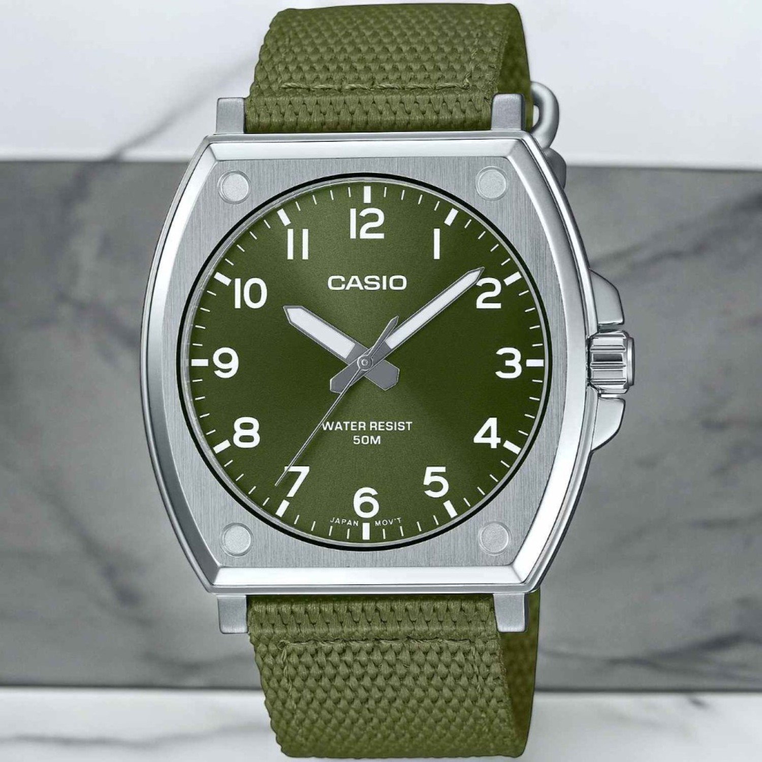 Christies Jewellery - MTPE730C-3A Casio Classic Cloth Strap Watch Auckland NZ MTPE730C-3A Casio Classic Cloth Strap Watch MTP-E730C-3A with Green colour Canvas Strap