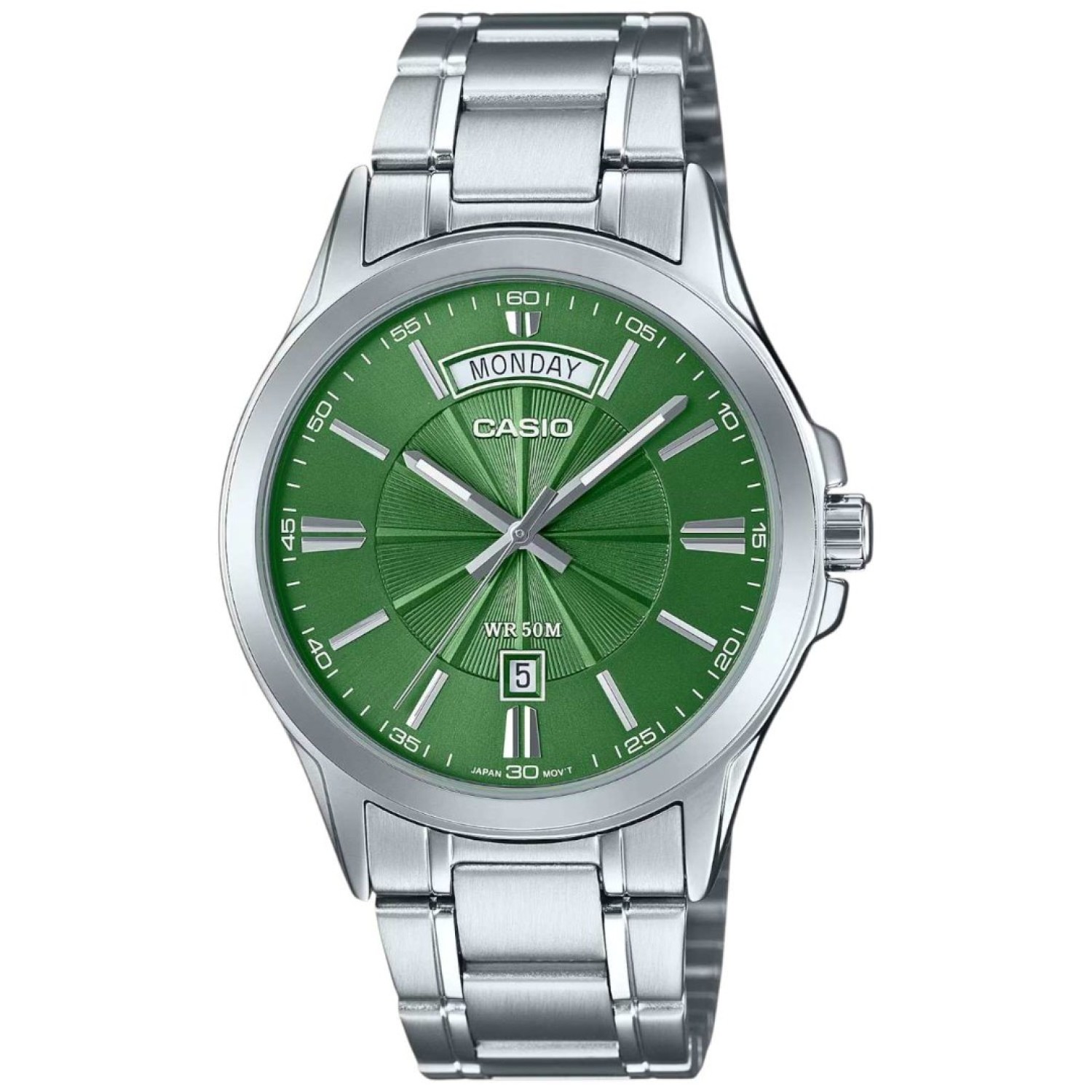 Casio MTP1381D-3A Green Dial Watch with Day-Date Display