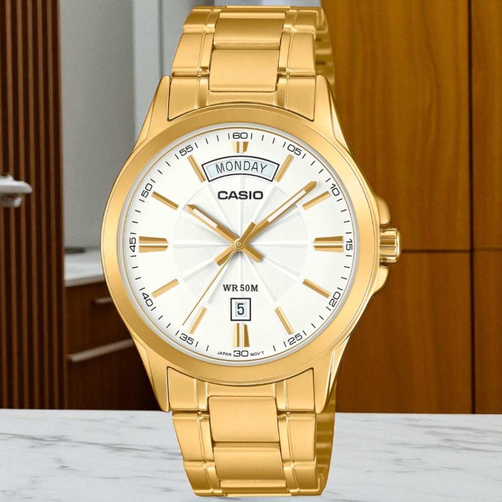 MTP1381GD-7A Casio Gold-Tone White Dial – Day-Date Display