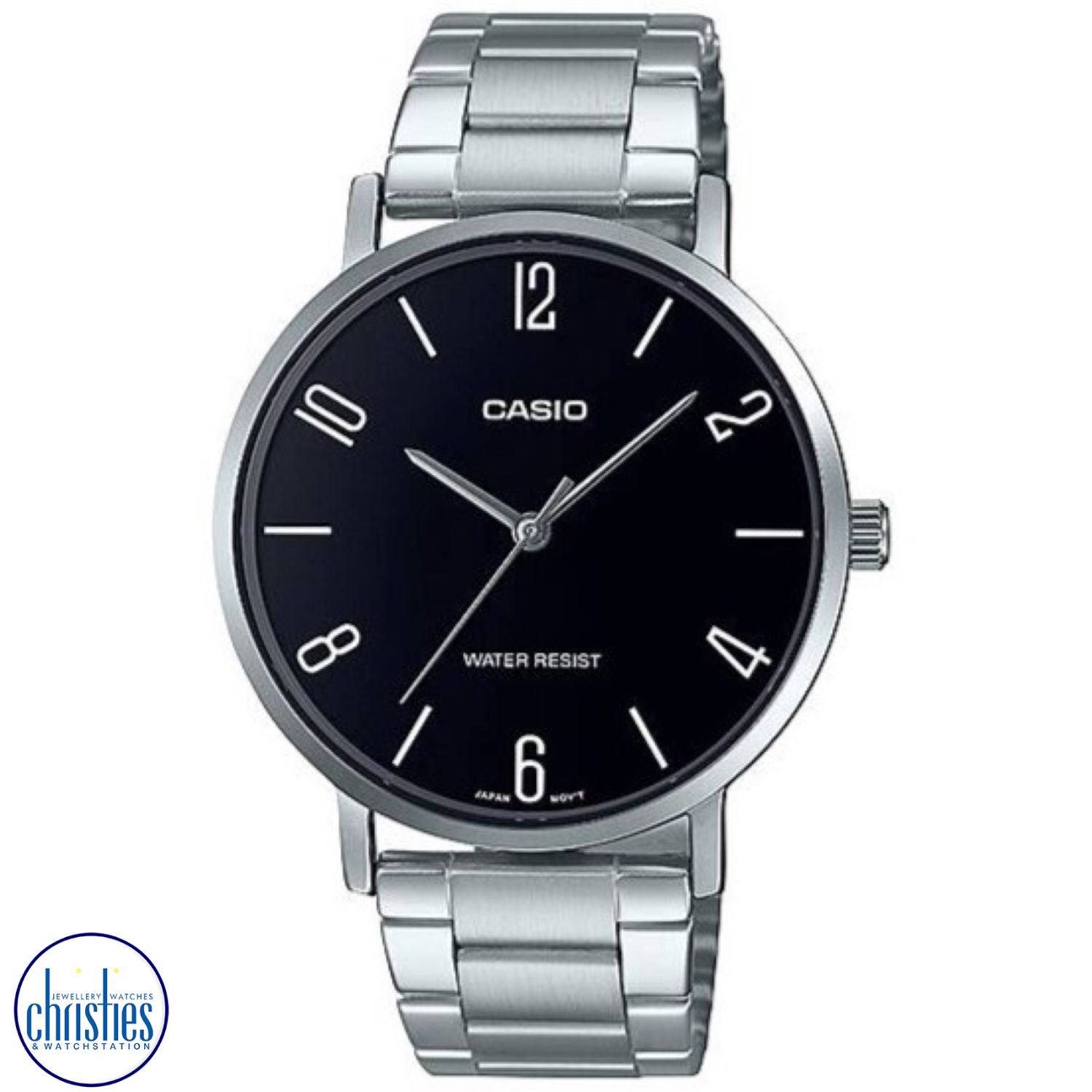 Christies Jewellery - MTPVT01D-1B2 Casio Black Dial Stainless Steel Watch Watches Auckland NZ MTPVT01D-1B2 Casio Black Dial Stainless Steel Watch MTP-VT01D-1B2 Casio New Zealand and Auckland - Free Delivery - Afterpay, Laybuy and Zip the easy way to pay - Cheap Casio Watches Auckland