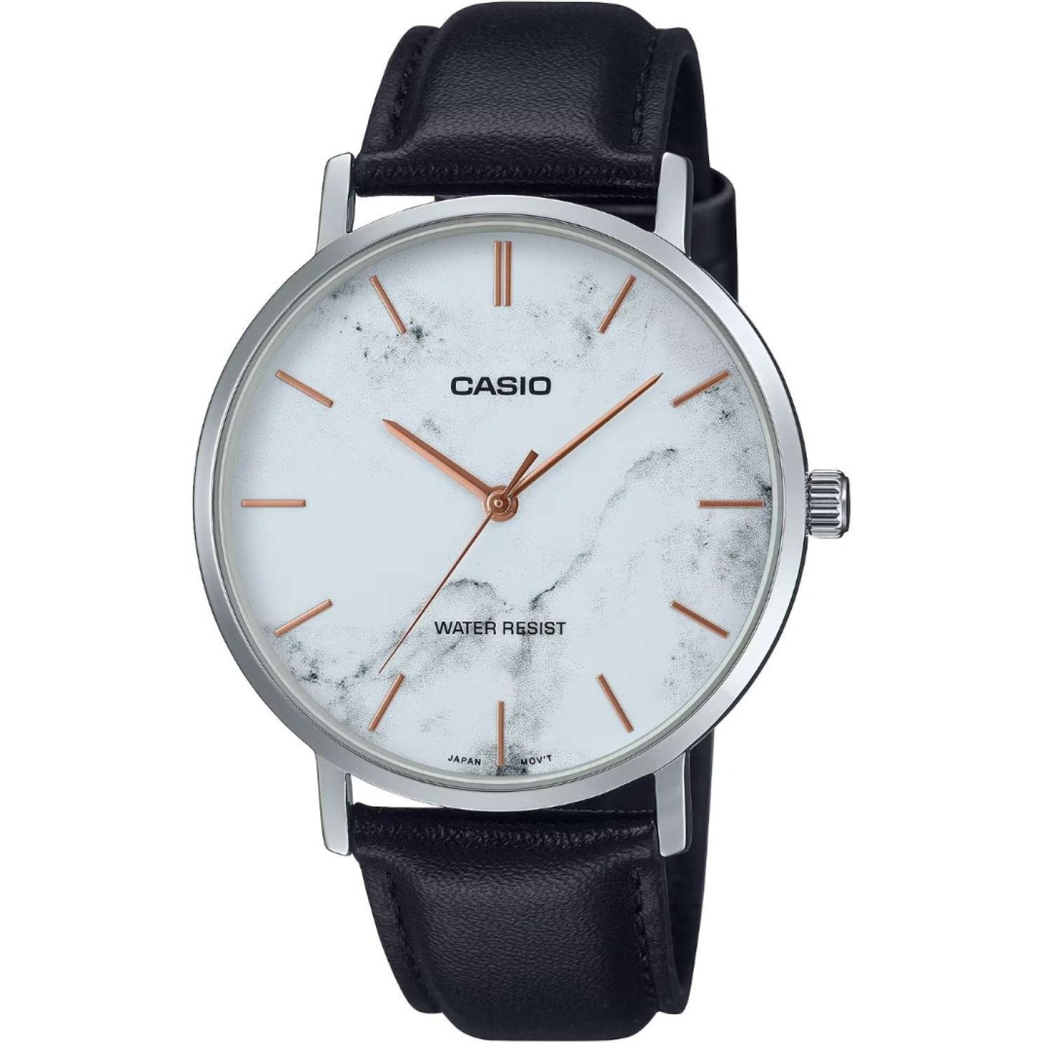 Casio MTPVT01LM-7A – Minimalist Leather Strap Watch | Christies NZ Casio MTPVT01LM-7A Watch with Black Leather Strap and Marble Dial