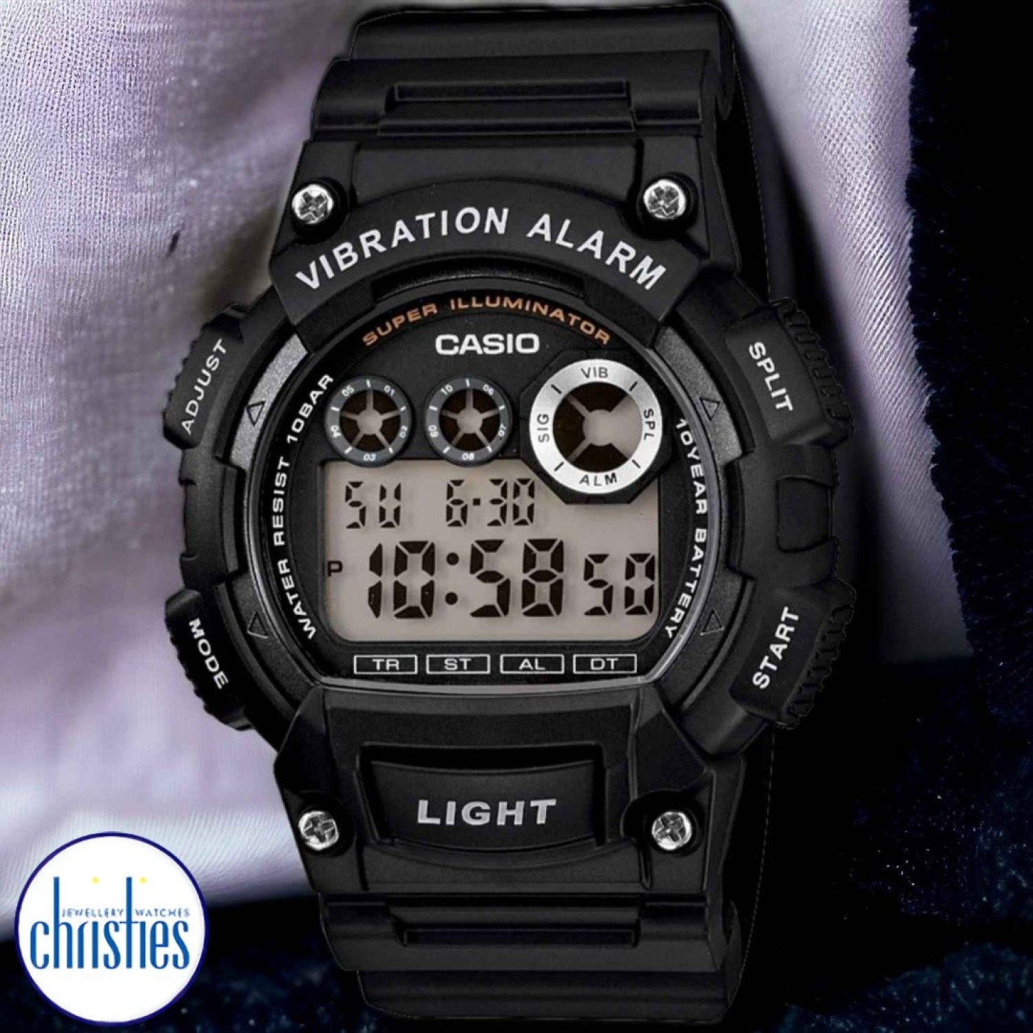 W735H-1A Casio 100 Metres Watch. With the rugged looking W735 series, Casio re-introduces the vibration alarm, a function that is useful where discretion is required or in loud environments where audible alarm signals could be missed. The watch also inc @