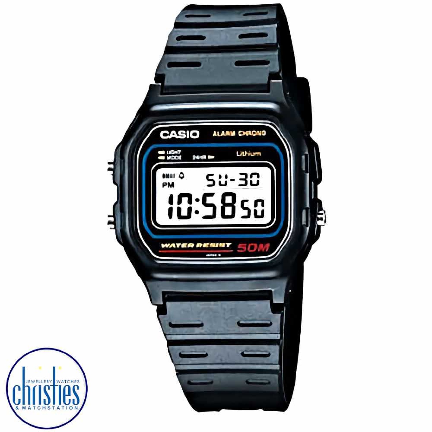 W59-1V Casio. A tried and true style that always remains in fashion. With its daily alarm, hourly time signal and auto calendar, you?ll never need to worry about missing an appointment again. Black Casual Classic Watch with a Resin Ba @christies.online