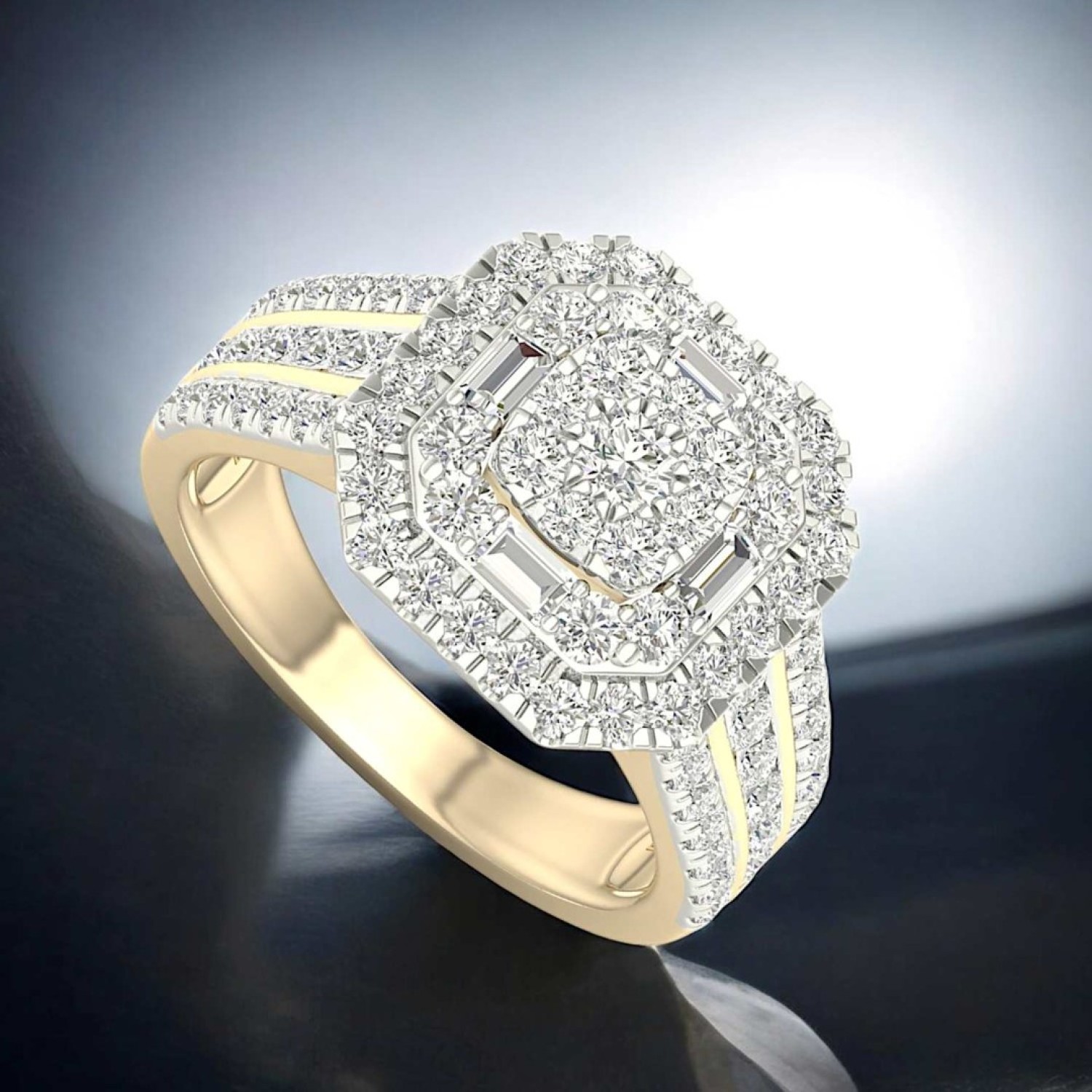 18ct Gold Diamond Ring RE27776 | Luxurious 18ct gold band adorned with a cluster of round-cut diamonds, surrounded by a double halo of smaller diamonds and 3 rows of diamonds on the band."
