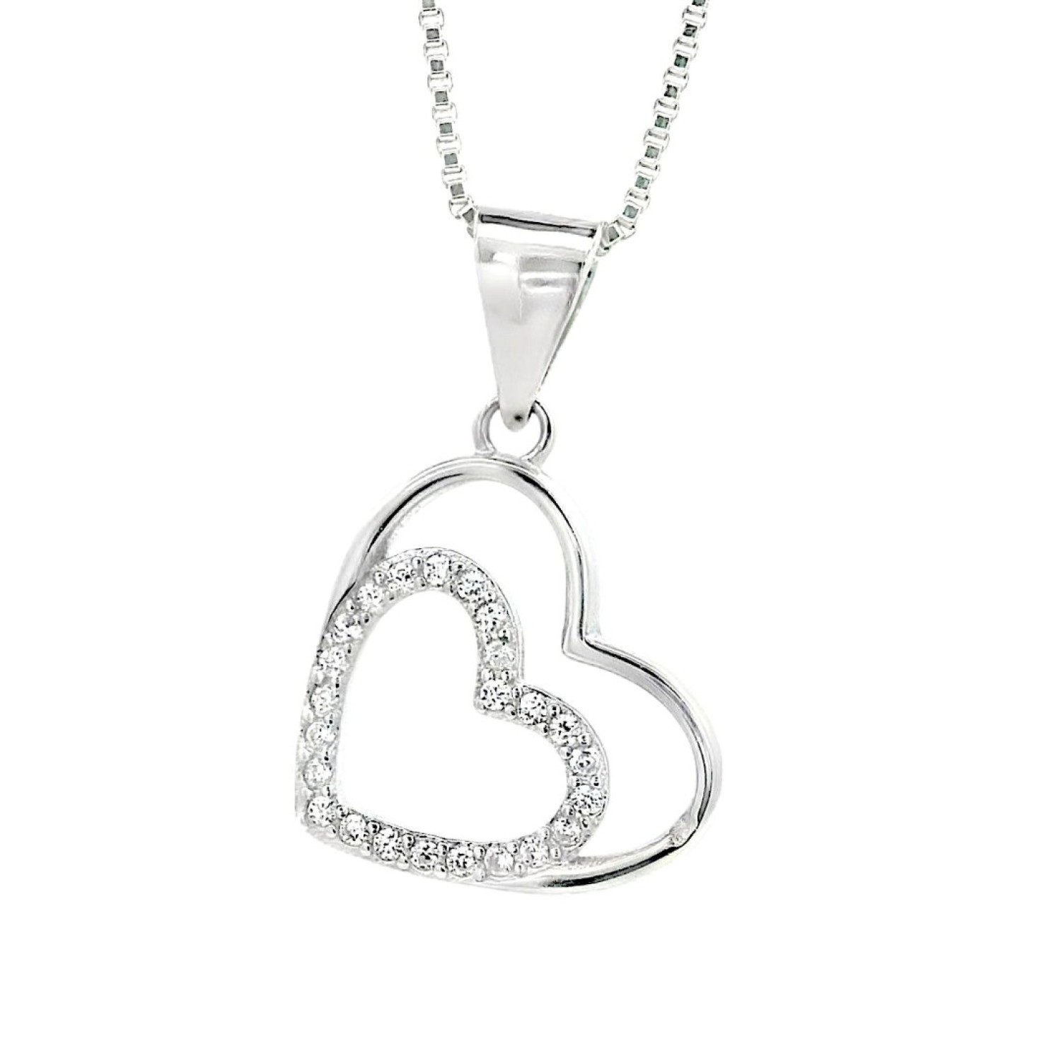 "Elegant Double Heart Pendant Necklace – A Timeless Symbol of Love Elegant Double Heart Pendant Necklace featuring two interlocking hearts—one adorned with shimmering stones and the other with a sleek polished finish. Suspended from a delicate box chain, this timeless jewelry piece symbolizes love and connection.