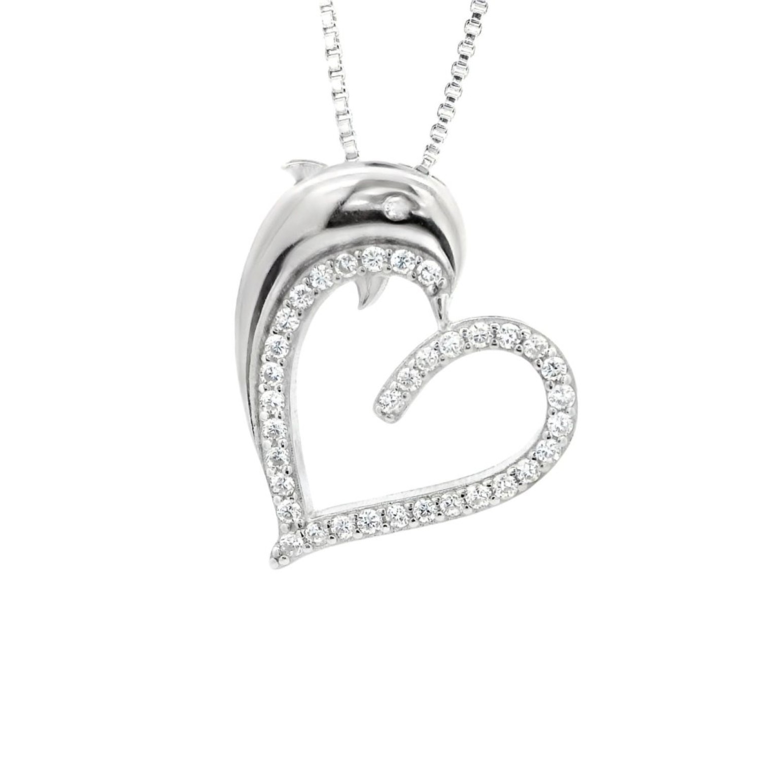 Silver "Dolphin Heart Pendant – A Symbol of Love & Ocean Elegance Silver Dolphin Heart Pendant with a leaping dolphin and sparkling heart outline—symbolizing love and freedom