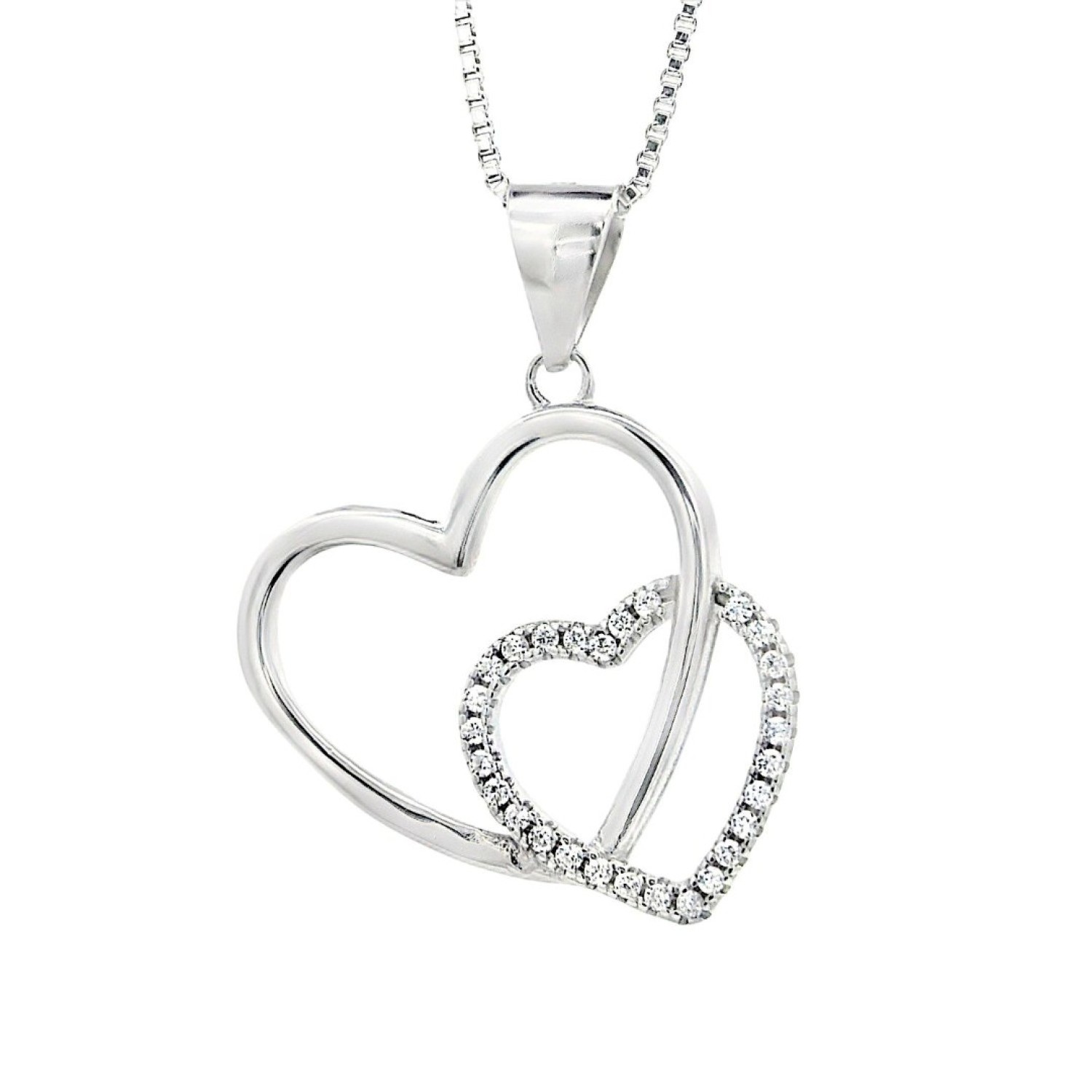 Elegant Double Heart Pendant – A Classic Symbol of Love & Connection Elegant Double Heart Pendant featuring two intertwined hearts—one adorned with shimmering stones, the other with a sleek polished finish, suspended from a delicate box chain.