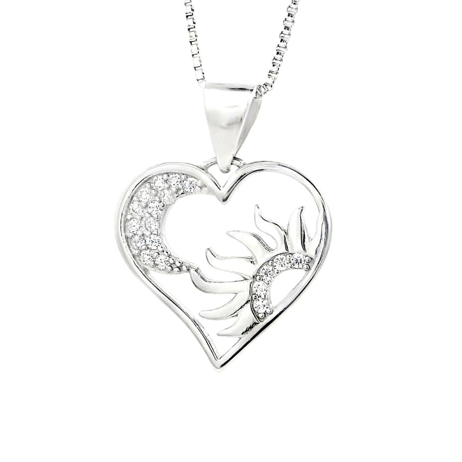 "Sun and Moon Heart Pendant Necklace – A Celestial Symbol of Balance & Harmony Sun and Moon Heart Pendant Necklace | Silver heart-shaped pendant featuring a crescent moon and radiant sun design, adorned with sparkling accents—symbolizing balance and harmony.