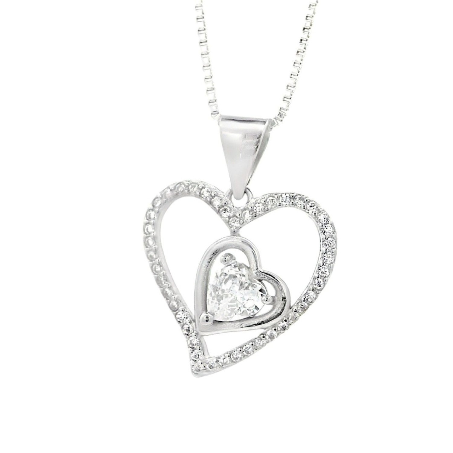 Interlocking Heart Pendant Necklace Interlocking Heart Pendant Necklace | Elegant pendant featuring two interlocking hearts—one adorned with sparkling stones and the other holding a central heart-shaped gemstone, symbolizing love and connection.