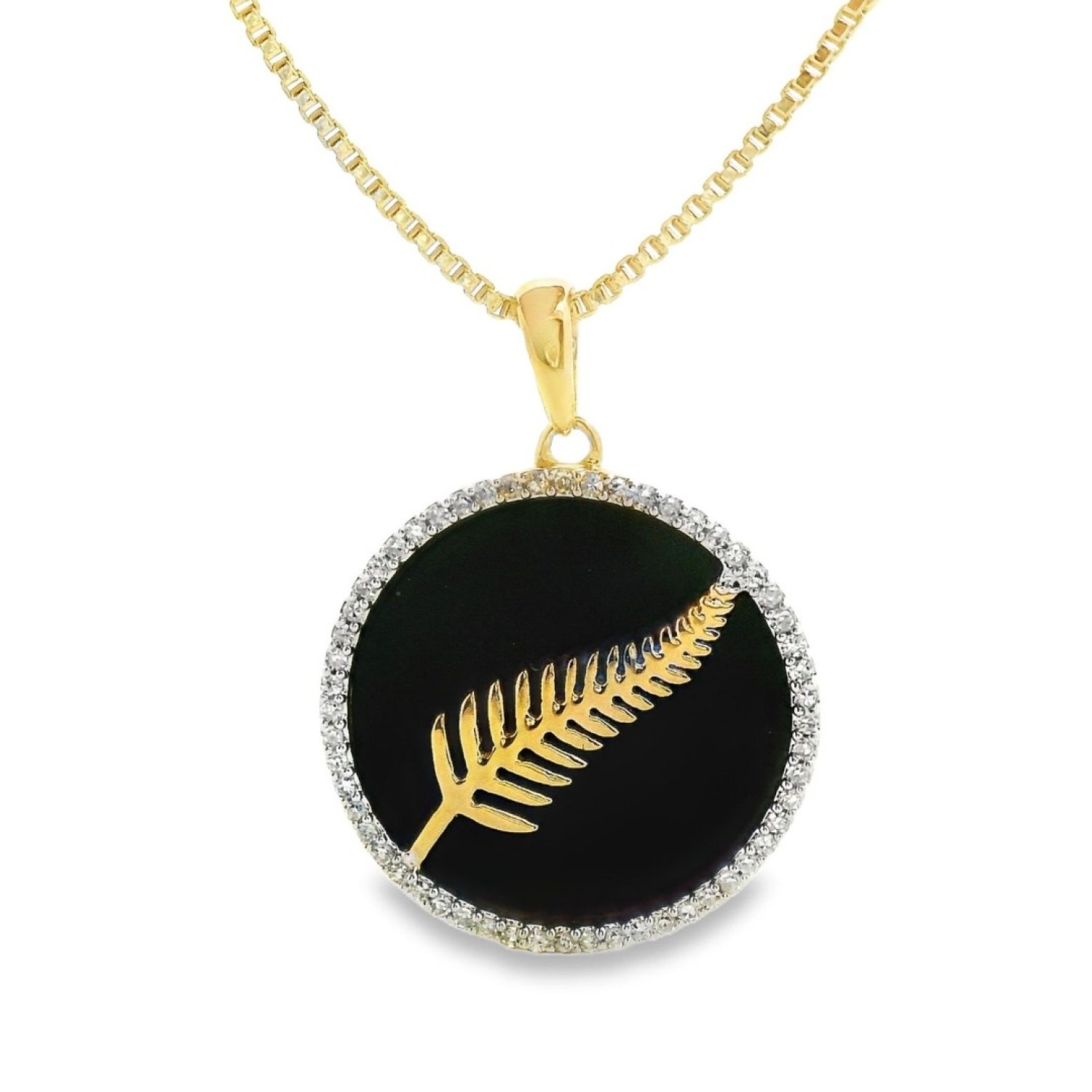 Kiwi Fern Pendant in 9ct Gold with Diamonds & Onyx | PFS25182-ML-ONYX – Christies Jewellery NZ – Free Delivery – Afterpay & Zip Available Kiwi Fern Pendant in 9ct Gold with Diamonds & Onyx – PFS25182-ML-ONYX by Christies Jewellery