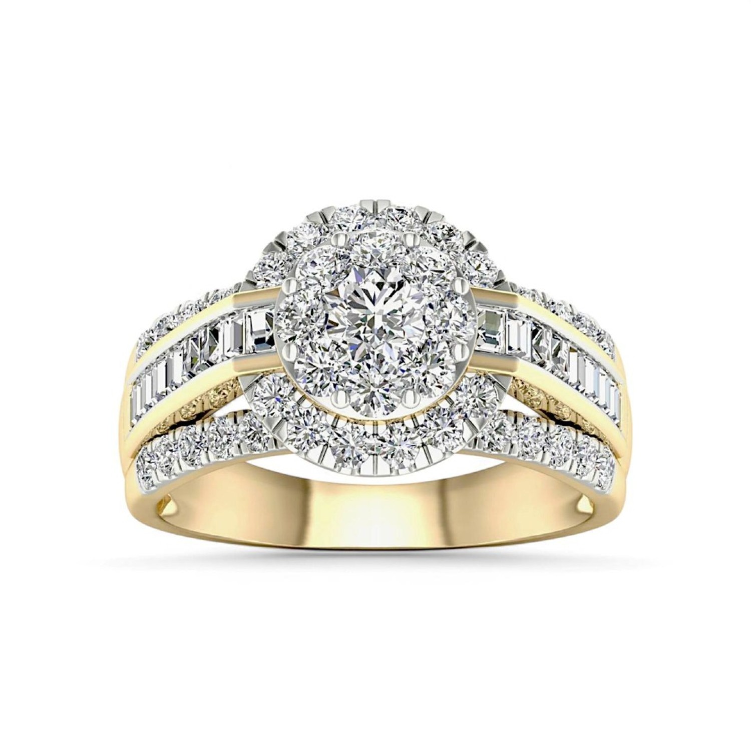18ct Gold Diamond Ring RE27771| Stunning 18ct Gold Diamond Ring with Central and Halo Diamonds 18ct Gold Diamond Ring RE27771 | Elegant 18ct Gold Diamond Ring featuring a central round diamond, surrounded by a halo of smaller diamonds and adorned with rows of baguette-cut and round diamonds on a split band.