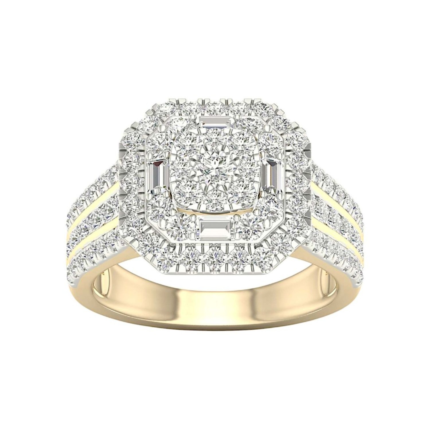 18ct Gold Diamond Ring RE27776 | Elegant 18ct Gold Diamond Ring with Intricate Diamond Band 18ct Gold Diamond Ring RE27776 | Luxurious 18ct gold band adorned with a cluster of round-cut diamonds, surrounded by a double halo of smaller diamonds and 3 rows of diamonds on the band."