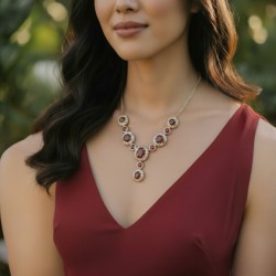 9ct Gold Diamond Charm Necklace with Cabochon Ruby Accents | NT407538Y09RU1    