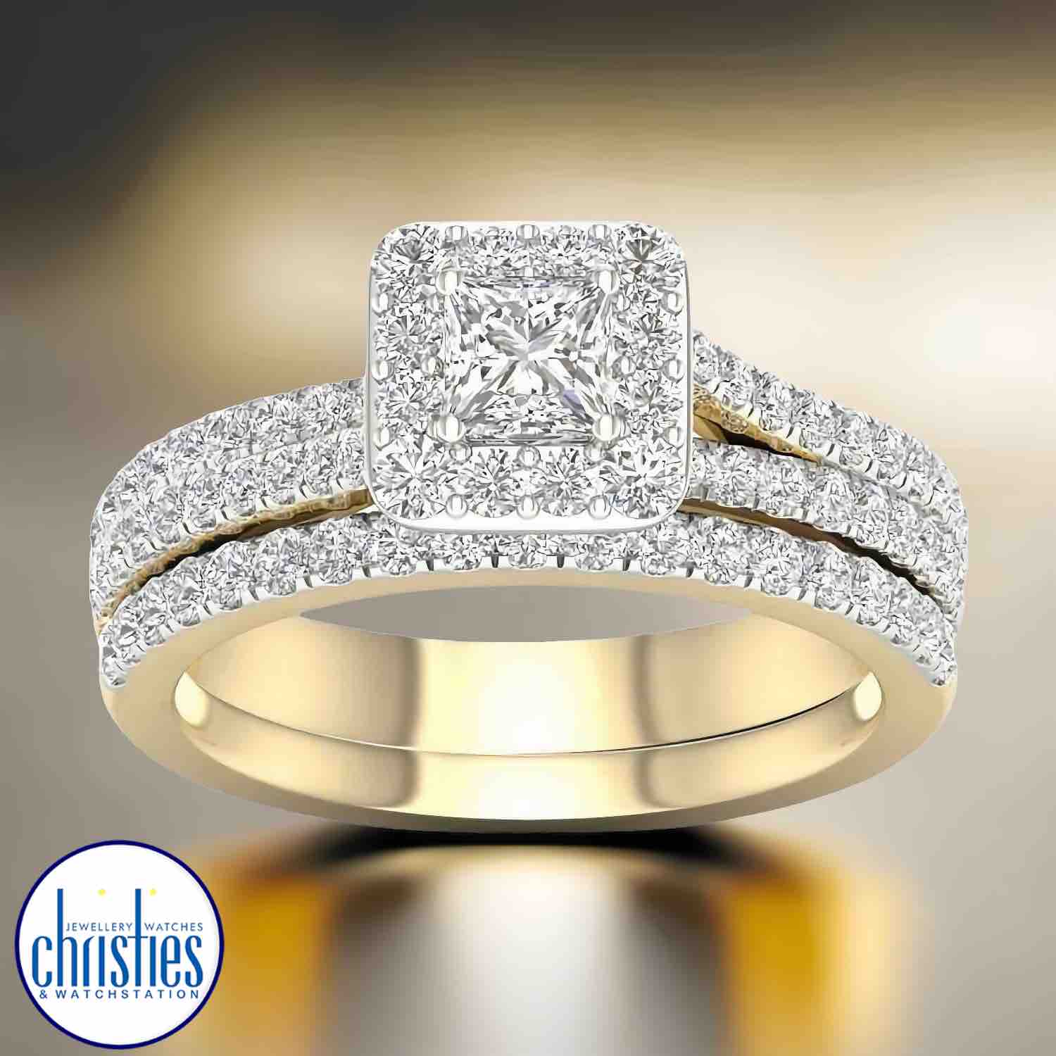 This 18ct yellow gold diamond wedding set is a true symbol of love and commitment. With 77 sparkling diamonds totaling 1.25ct, this set is sure to take your breath away. The diamonds are of HI/I2 grade, which means they have a high level of sparkle and br