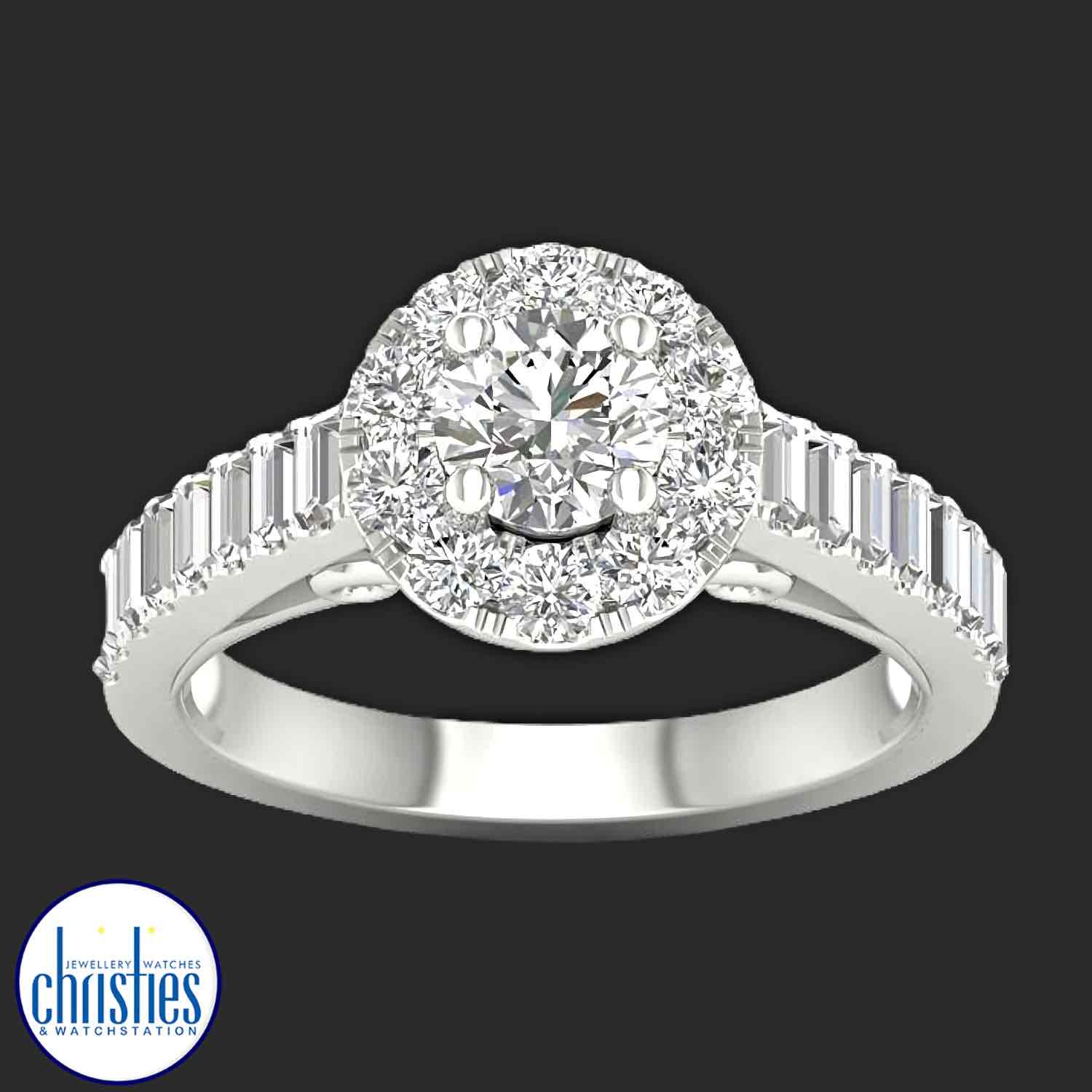 18ct White Gold Diamond Engagement Ring 1.50ct TDW – Halo & Baguette Accents "18ct White Gold Diamond Engagement Ring with 1.50ct TDW, featuring a round brilliant centerpiece and precision-set baguette diamonds for added brilliance.