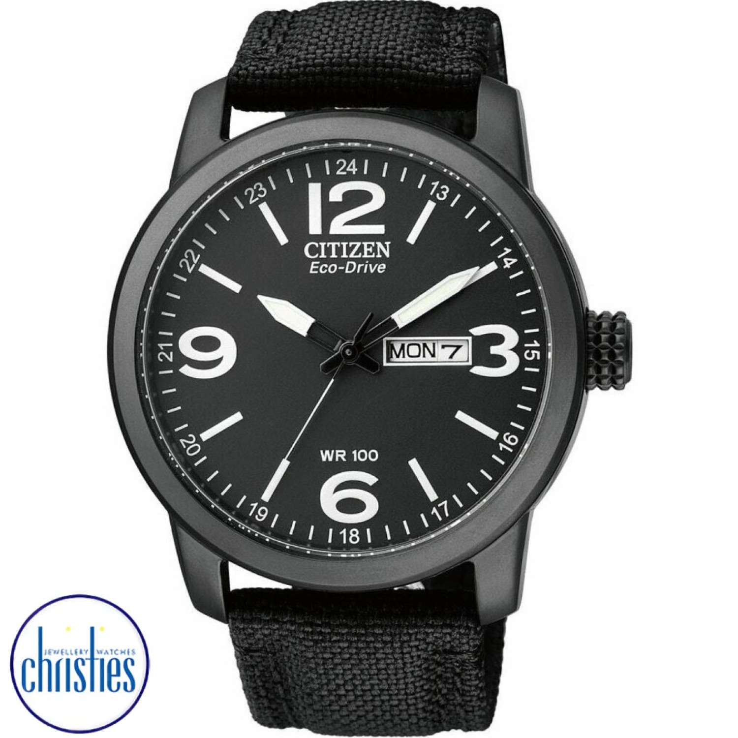 BM8475-34E Citizen Mens Eco-Drive. Powered by light so you never need to change a battery. The matt black dial of this timepiece displays bold white details and markings to create an eye-catching appearance. The slim, black stainless steel casing neatly s