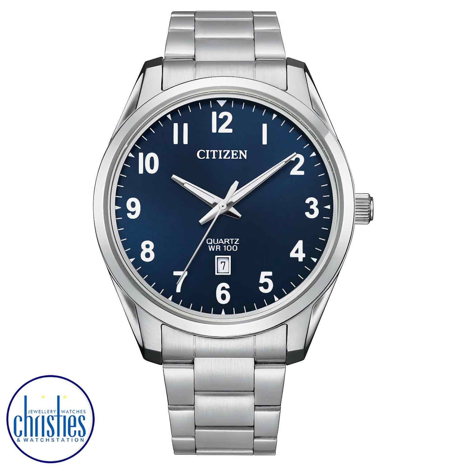 BI1031-51L CITIZEN Quartz Watch. Stylishly designed with sleek silver tones and an eye-catching midnight blue dial, this Quartz powered watch is a blend of ageless aesthetics and sophisticated construction.