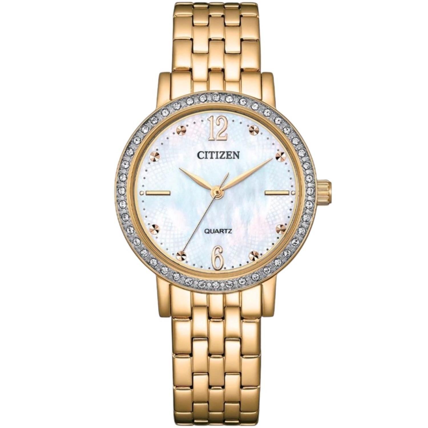 Christies Jewellery - EL3103-57D Citizen Ladies Gold Tone Watch Auckland NZ EL3103-57D Citizen Ladies Gold Tone Watch EL3103-57D Citizen Watches Auckland | White mother of Pearl Dial with crystals on Bezel