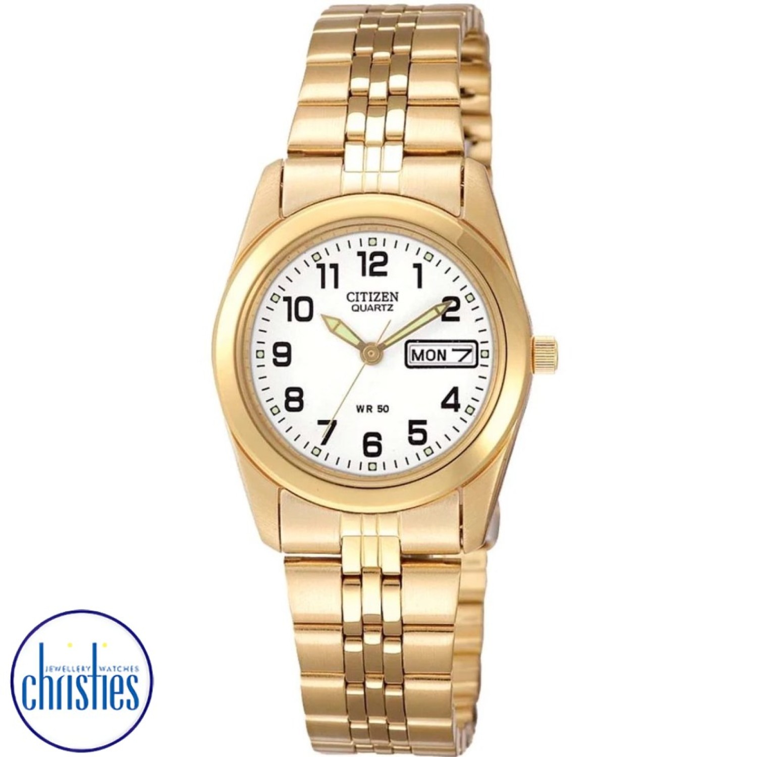 EQ0512-52B Citizen Watch Ladies. A gold-toned durable stainless steel case and bracelet complement this demure accessory. Featuring quality quartz accuracy, a three-year battery, day/date display and water resistance suitable for still water swimming, t @