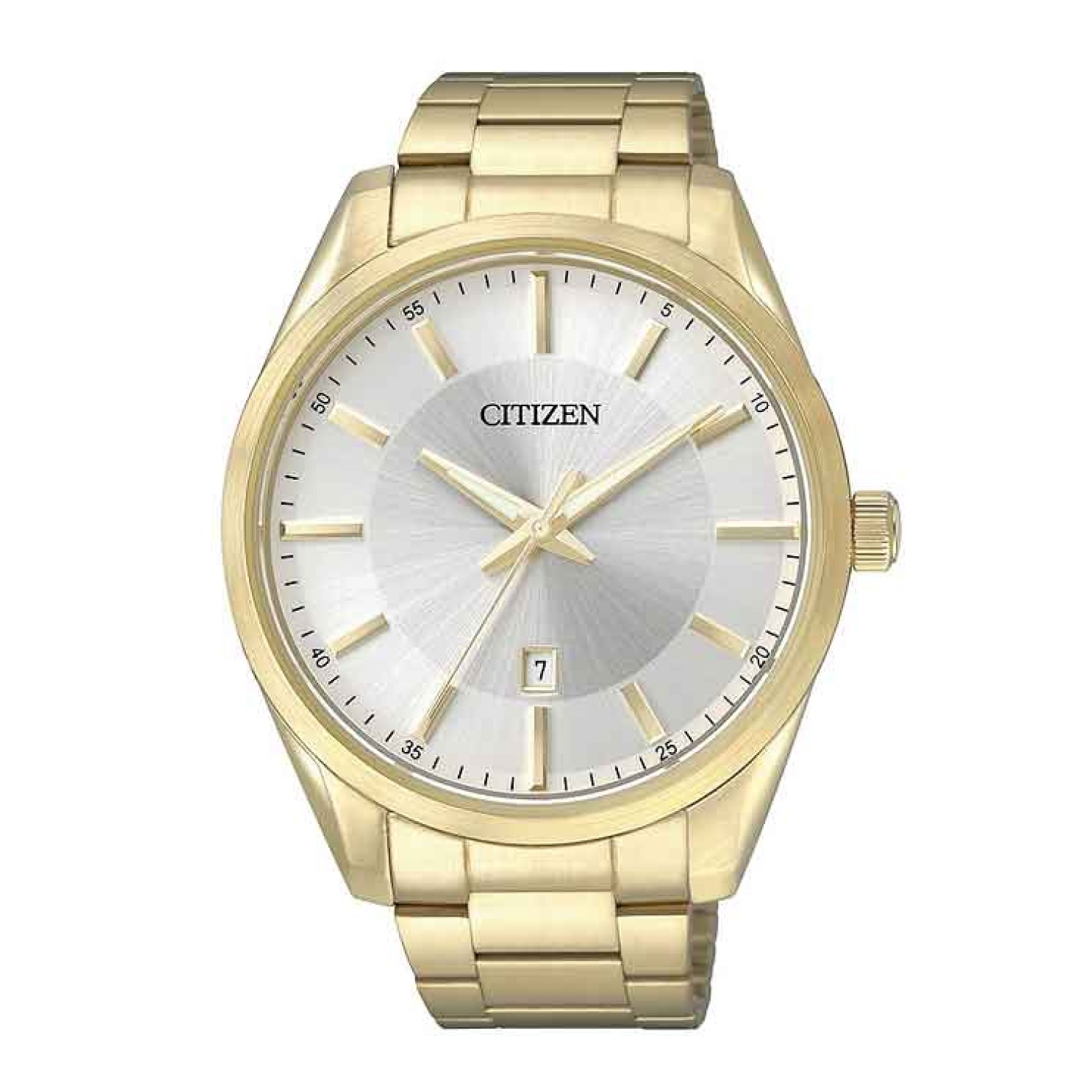 BI1032-58A Citizen Mens Watch. Second markings unobtrusively line the border for your reference. The burnished yellow-plated stainless steel casing matches and highlights the face details, and blends seamlessly with the gold-toned durable bracelet. Fe @ch