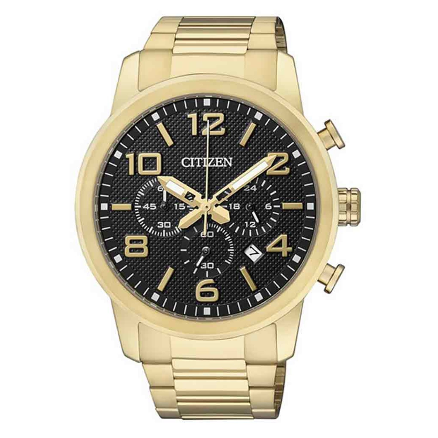 AN8052-55E Citizen Mens Chronograph Stainless Steel WR100 Watch. This Citizen Men’s Watch From the Chronograph Collection Features A Textured Black Face And Prominent Gold-Toned Details Accentuated By The Durable, Gold-Toned Stainless Steel Casing And Bra
