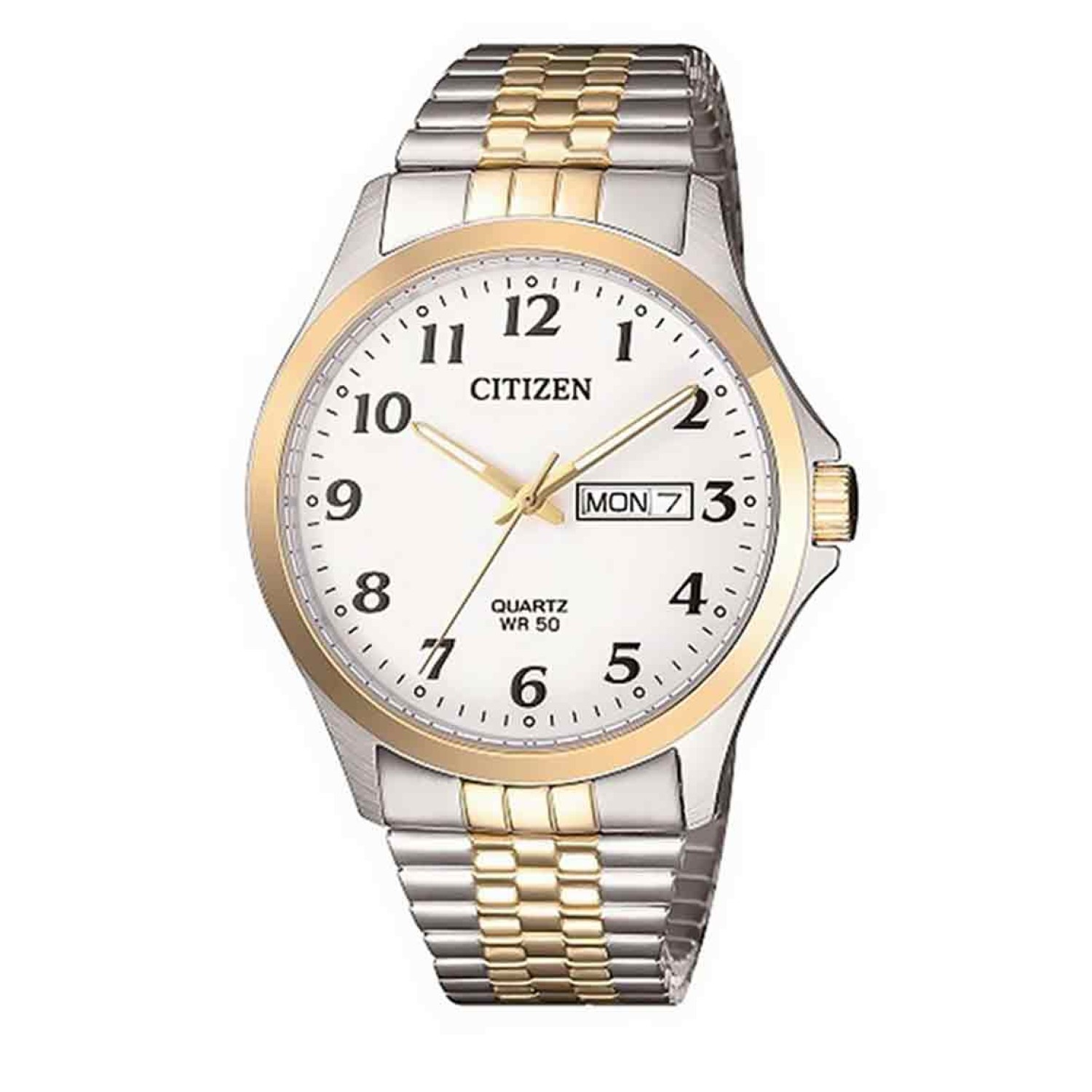 BF5004-93A Citizen Mens Stainless Steel  Watch. Distinguished in appearance, it features ivory white face with day/date display enveloped by a gold coloured bezel and tough gold plated stainless steel case and band.