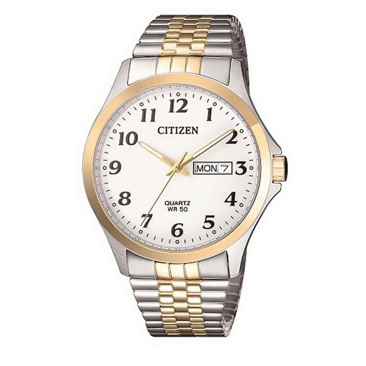 BF5004-93A Citizen Mens Stainless Steel Watch BF5004-93A Citizen Mens Stainless Steel Watch. Distinguished in appearance, it features ivory white face with day/date display enveloped by a gold coloured bezel and tough gold plated stainless steel case and band.
