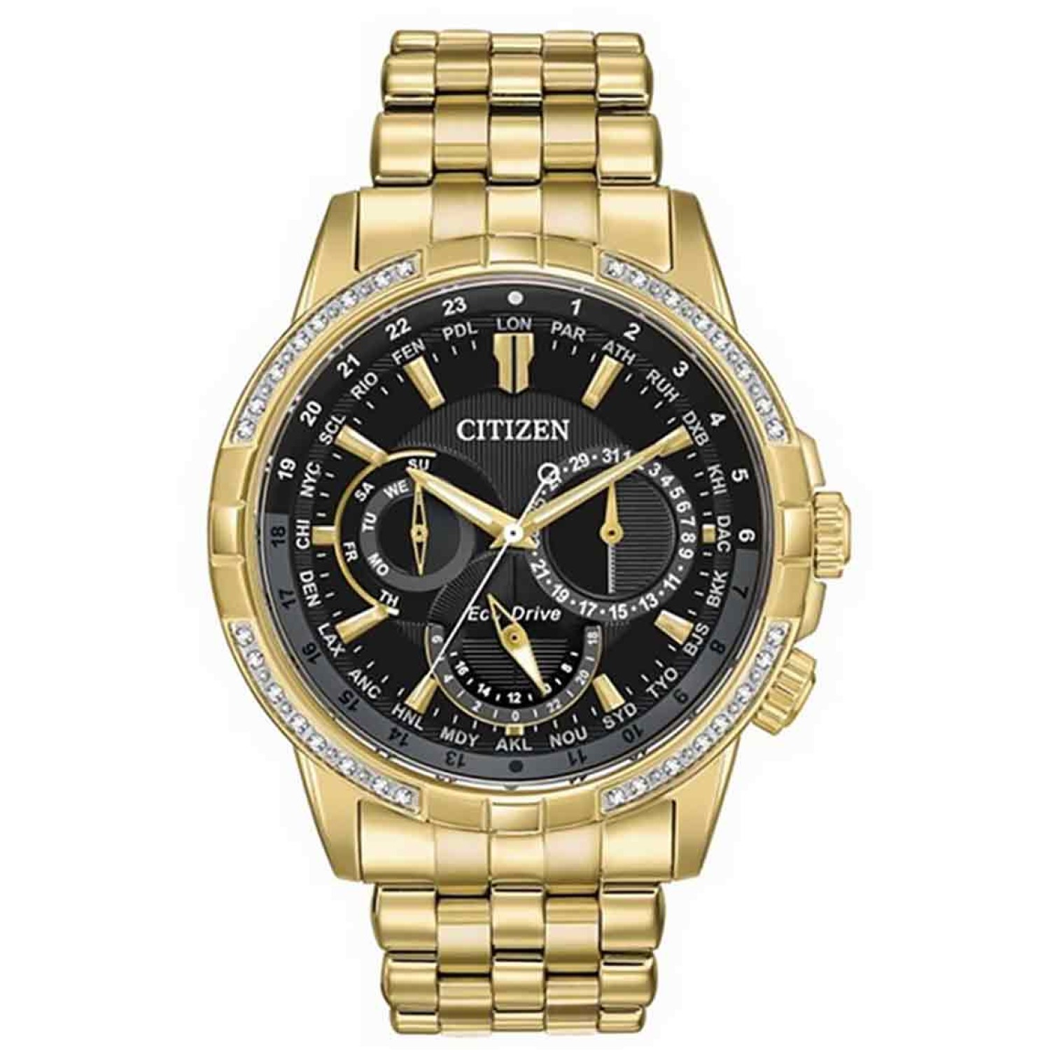 BU2082-56E Citizen Eco-Drive Diamond Mens Watch. Designed for world time presentation with comprehensive international face markings, it also provides day/date display, 12 and 24 hour time and convenient low charge indicator. Delivering confidence by way 