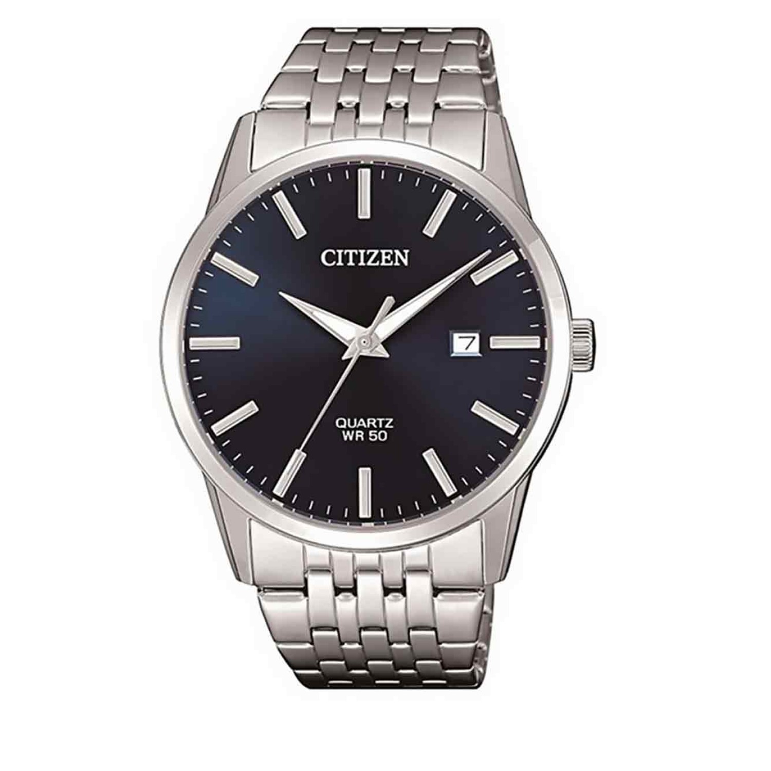 BI5000-87L Citizen Mens Stainless Steel  Watch. Crafted from stainless steel and mineral glass, plus featuring 3 year battery life and WR50/5bar, it is dependable when the pressure is on. Additionally, with push button buckle and date display, it factors 