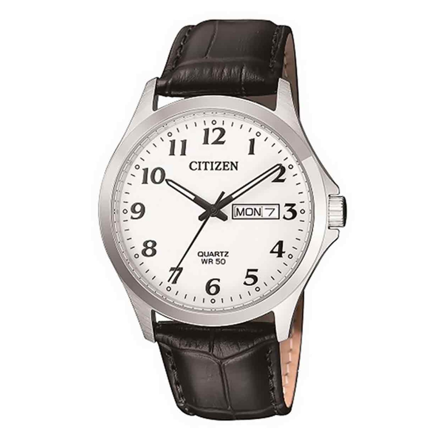 BF5000-01A Citizen Mens Stainless Steel  Watch. Crafted From Robust Stainless Steel And Featuring An Ivory White Dial With Easy To Read Black Markings And Date Display, Silver Toned Bezel And Bold Obsidian Oxhide Leather Strap For Comfort, This Watch Embo