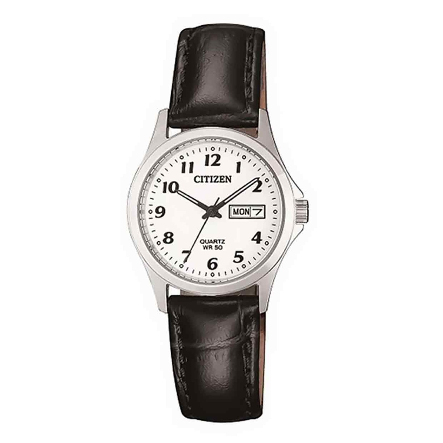 EQ2000-02A Citizen Ladies Watch. With strong stainless steel construction, fresh white dial with date display, silver toned bezel and rich brown oxhide leather band, it is crafted to be a tasteful accessory for an active lifestyle. Accurate to within 20 @