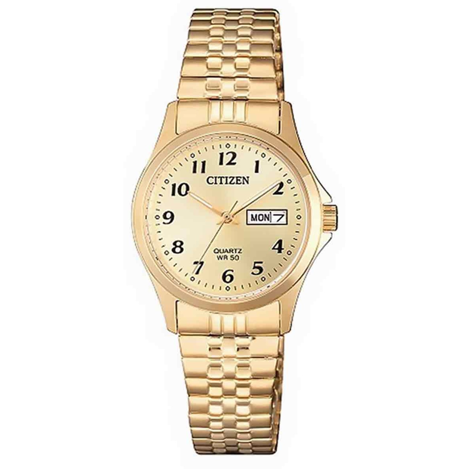 EQ2002-91P Citizen Ladies Watch. The gold tones of the case, bezel and band are accentuated by the unique yet refined matte gold face, creating a beautiful blend of classic and contemporary styling elements. Constructed from stainless steel with gold pl @