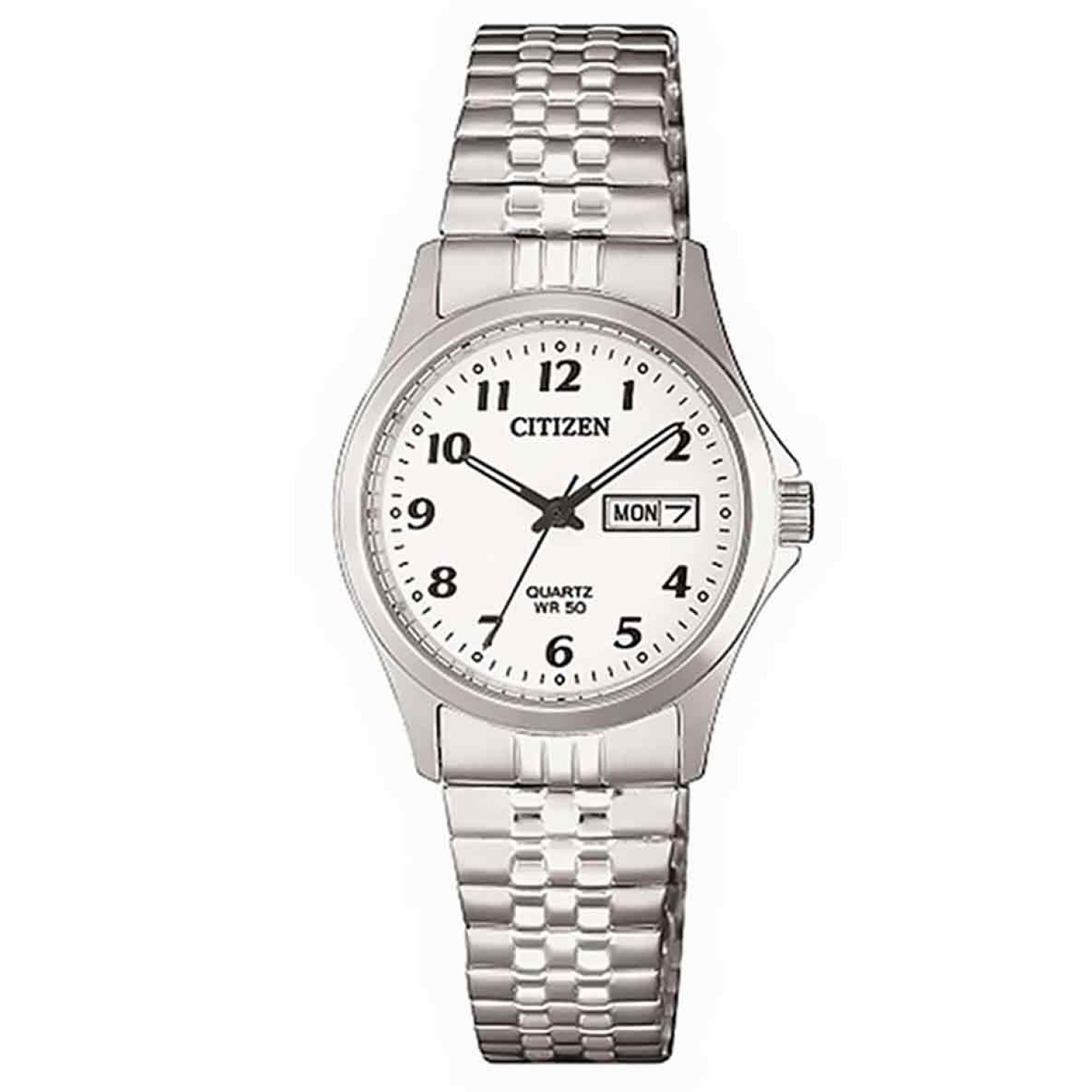 EQ2000-96A Citizen Ladies Watch. Brushed and polished silver tones give it a stylish edge that works as well in the office as it does with jeans and a t-shirt, while easy to read white dial with date display, stainless steel construction, WR50/5bar and @c