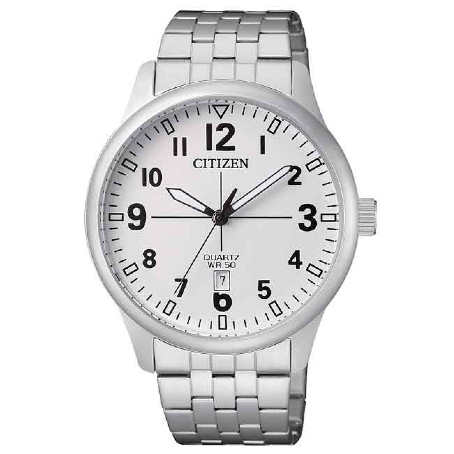 BI1050-81B Citizen Mens Silver Stainless Steel Quartz Date Watch. With a stainless steel construction and push button buckle, it is both hard-wearing and convenient.