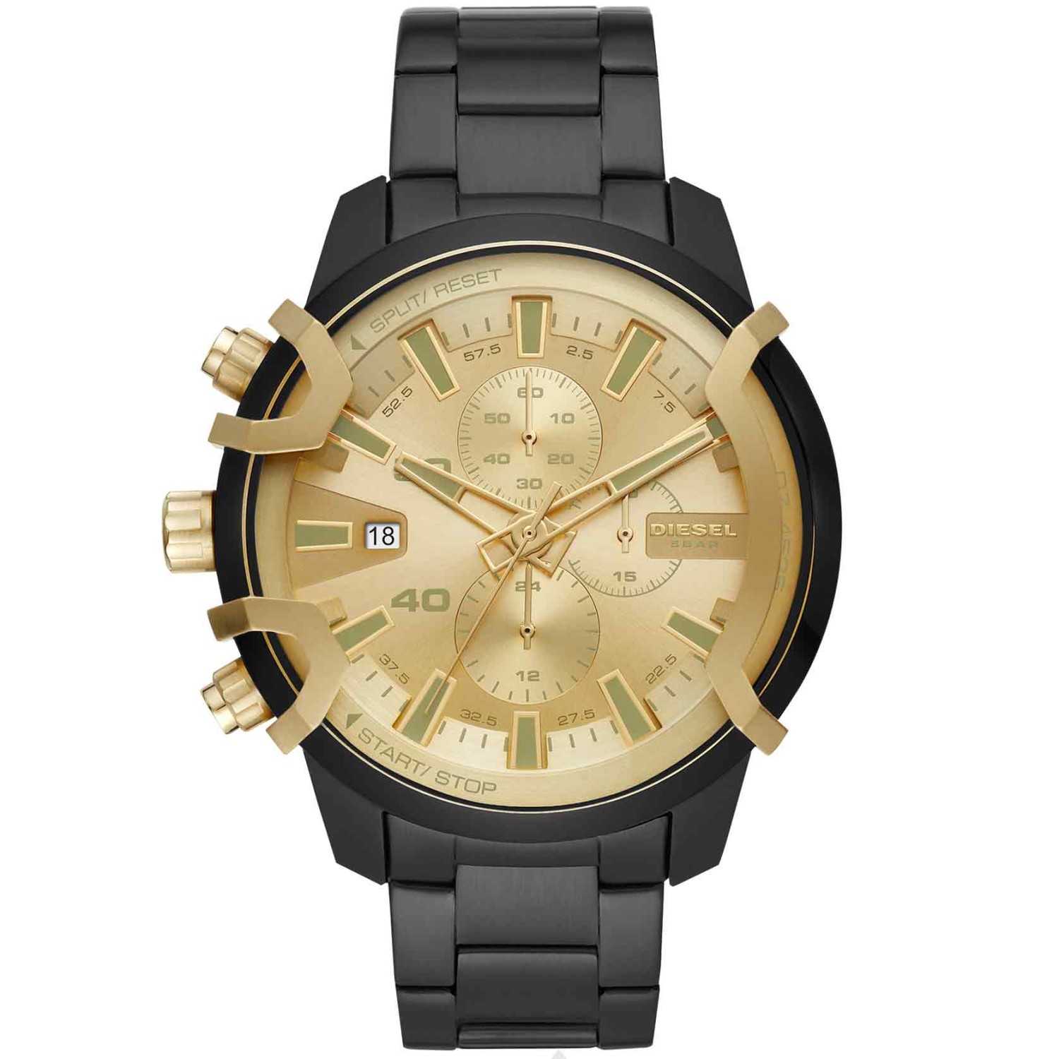 DZ4525 Diesel Griffed Chronograph Black Watch. This 48mm Griffed watch features a gold sunray dial, chronograph movement and black stainless steel bracelet Humm -Buy Little things up to $1000 and choose 10 weekly or 5 fortnightly payments with no interest