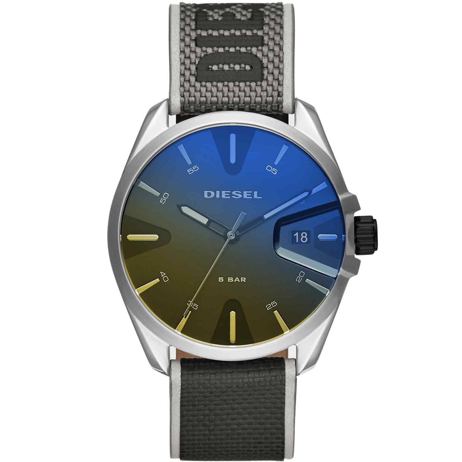 DZ1902 Diesel MS9 Three Hand Black Nylon Watch DZ1902 - diesel mr daddy watch DZ1902 Diesel MS9 Three Hand Black Nylon Watch. This 44mm MS9 watch features a black sunray dial with a sub dial for the day of the week, multi-hued iridescent case, three-hand movement and black nylon logo-print strap. Humm -Buy Little things up to $1000